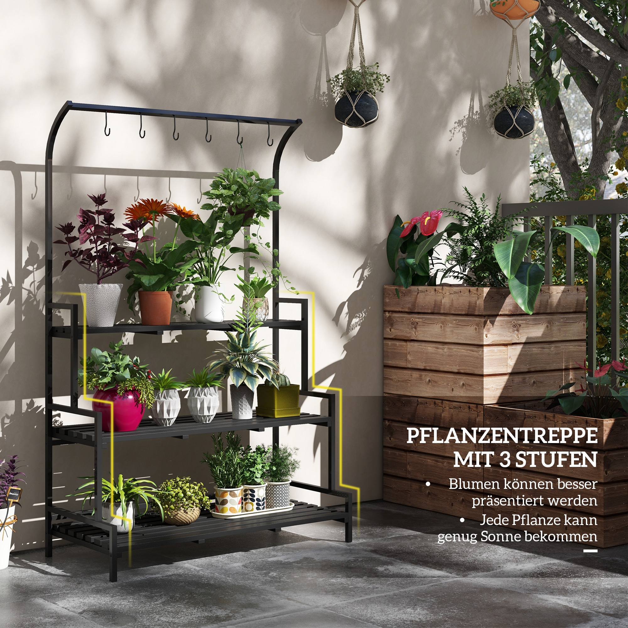 Outsunny Bloemenstandaard, 3 niveaus, 6 haken, voor binnen en buiten, metalen frame, 170H x 110L x 50B cm, zwart