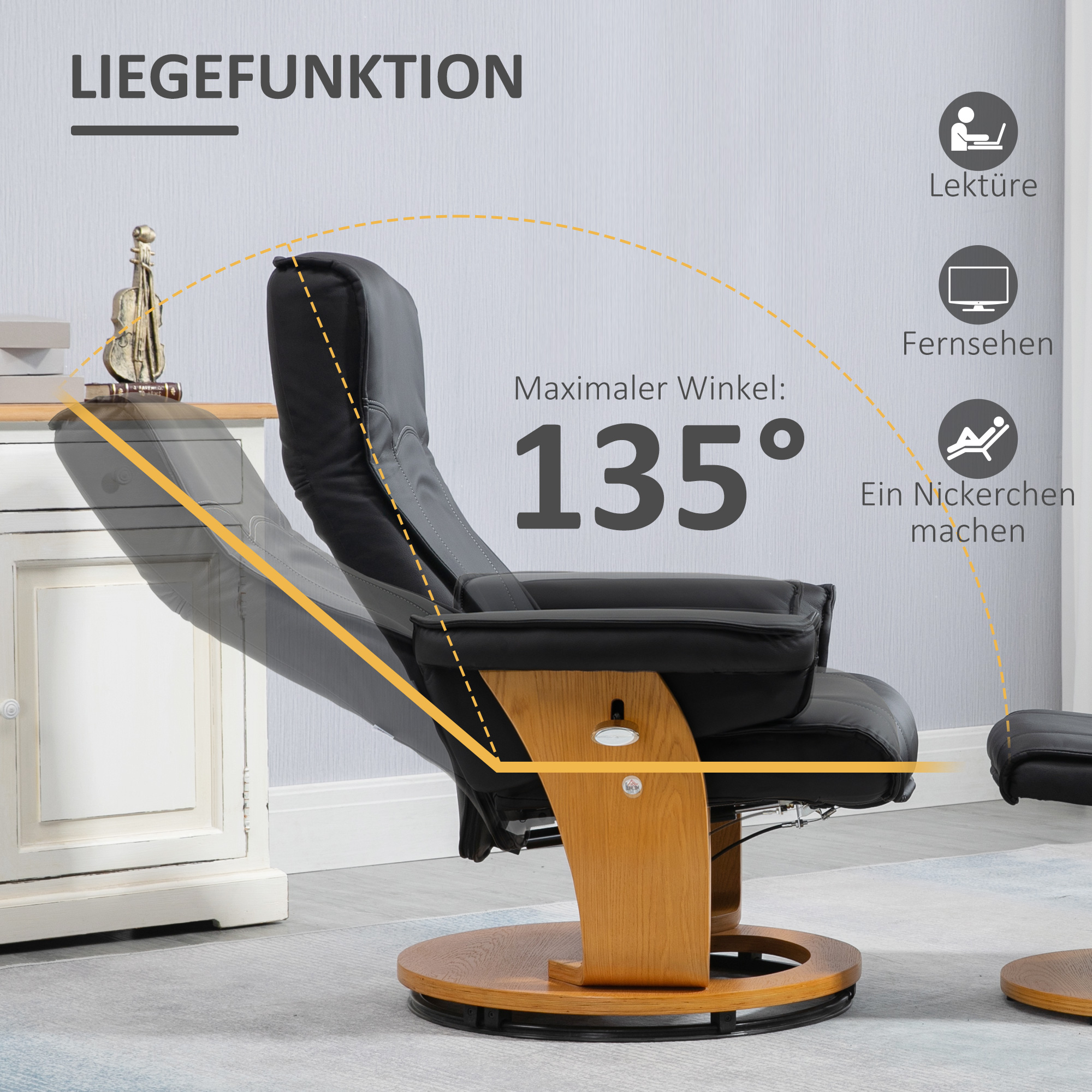 HOMCOM Fauteuil met voetenbank, tv-stoel, fauteuil, verstelbare rugleuning, 360° draaibaar, zwart+bruin