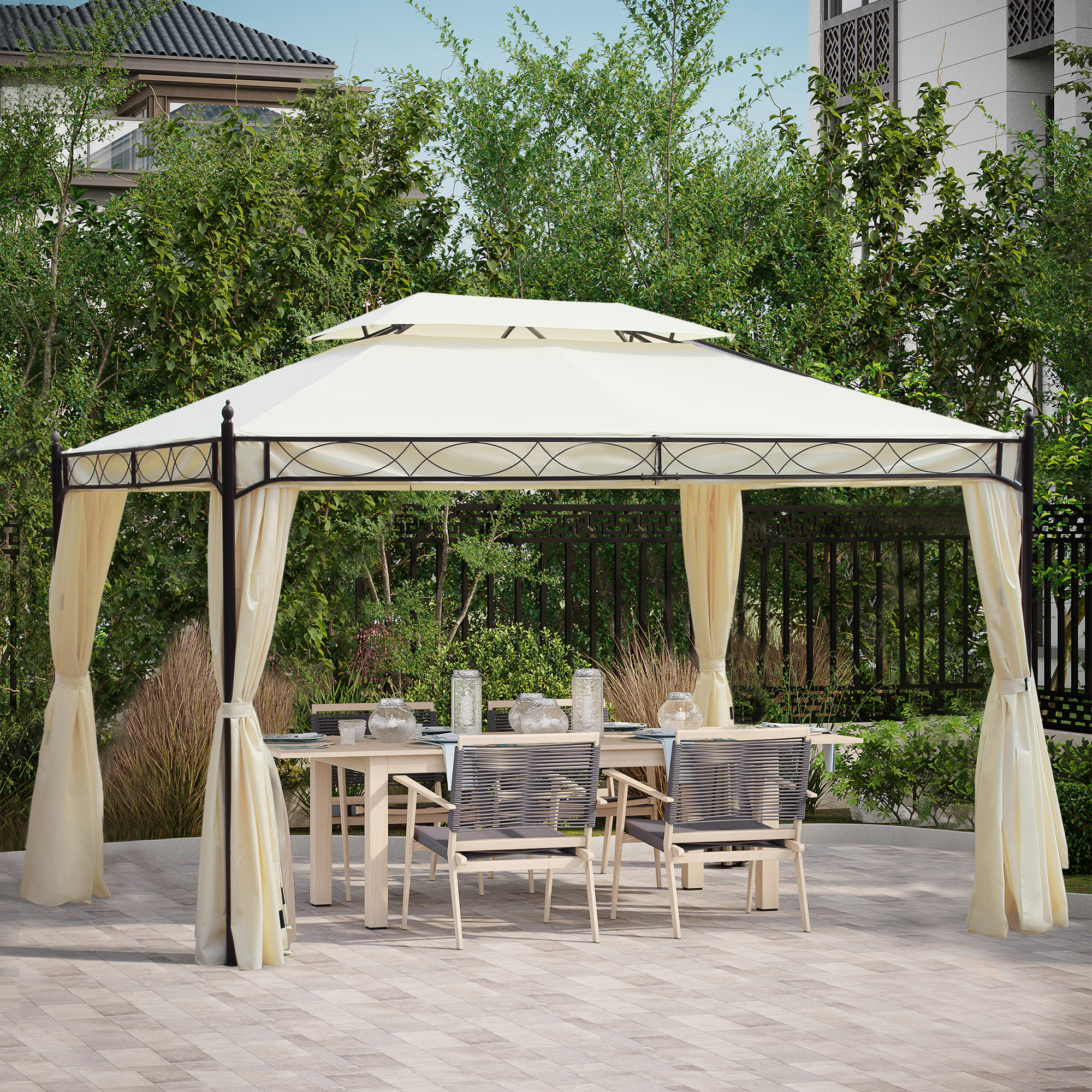 Outsunny Paviljoen tuinpaviljoen feest partytent dubbel dak tuintent 3 x 4 m Wit