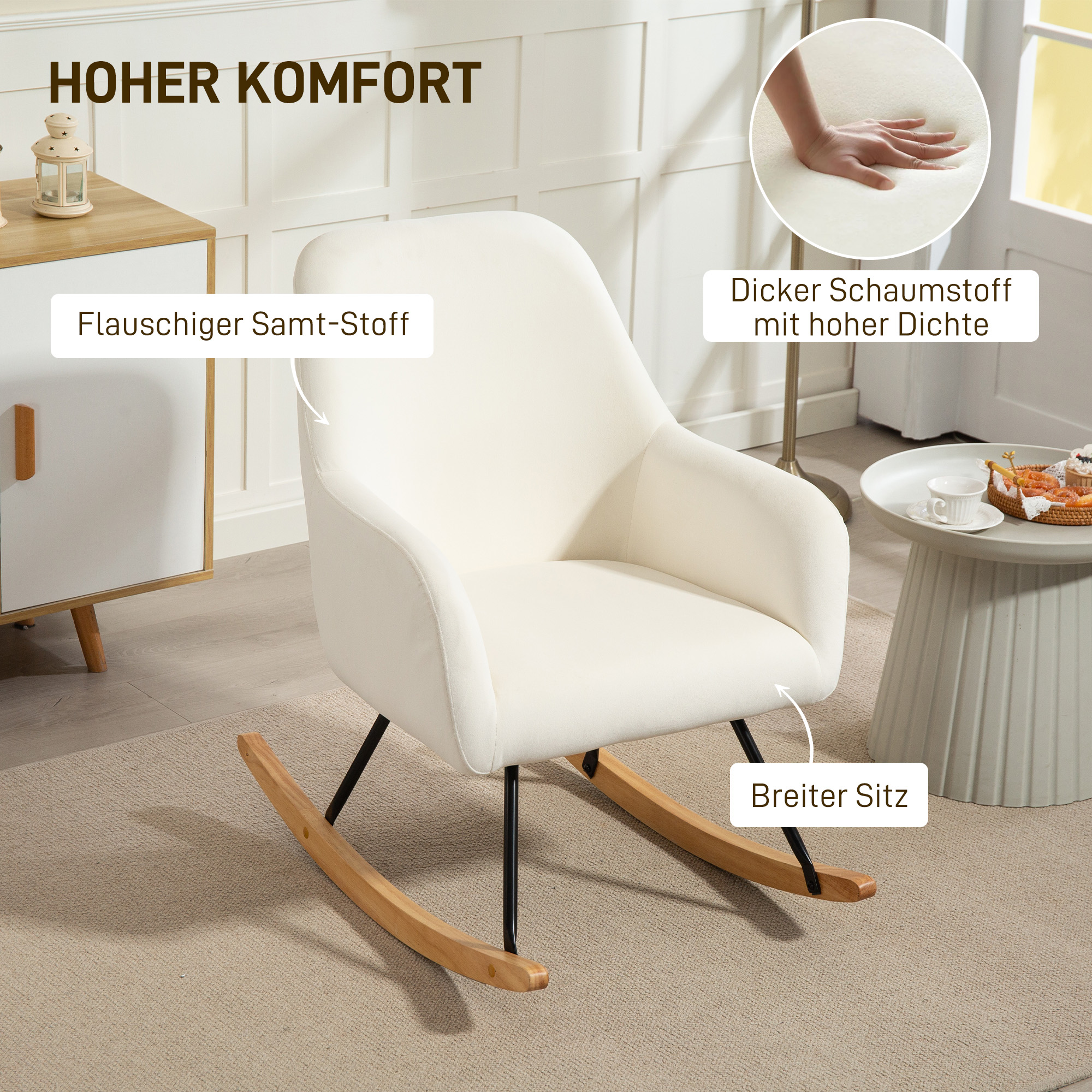 HOMCOM Schommelstoel, Zacht Fluweel Look Bekleding, Dikke Kussenvulling, Brede Rugleuning, Crèmewit