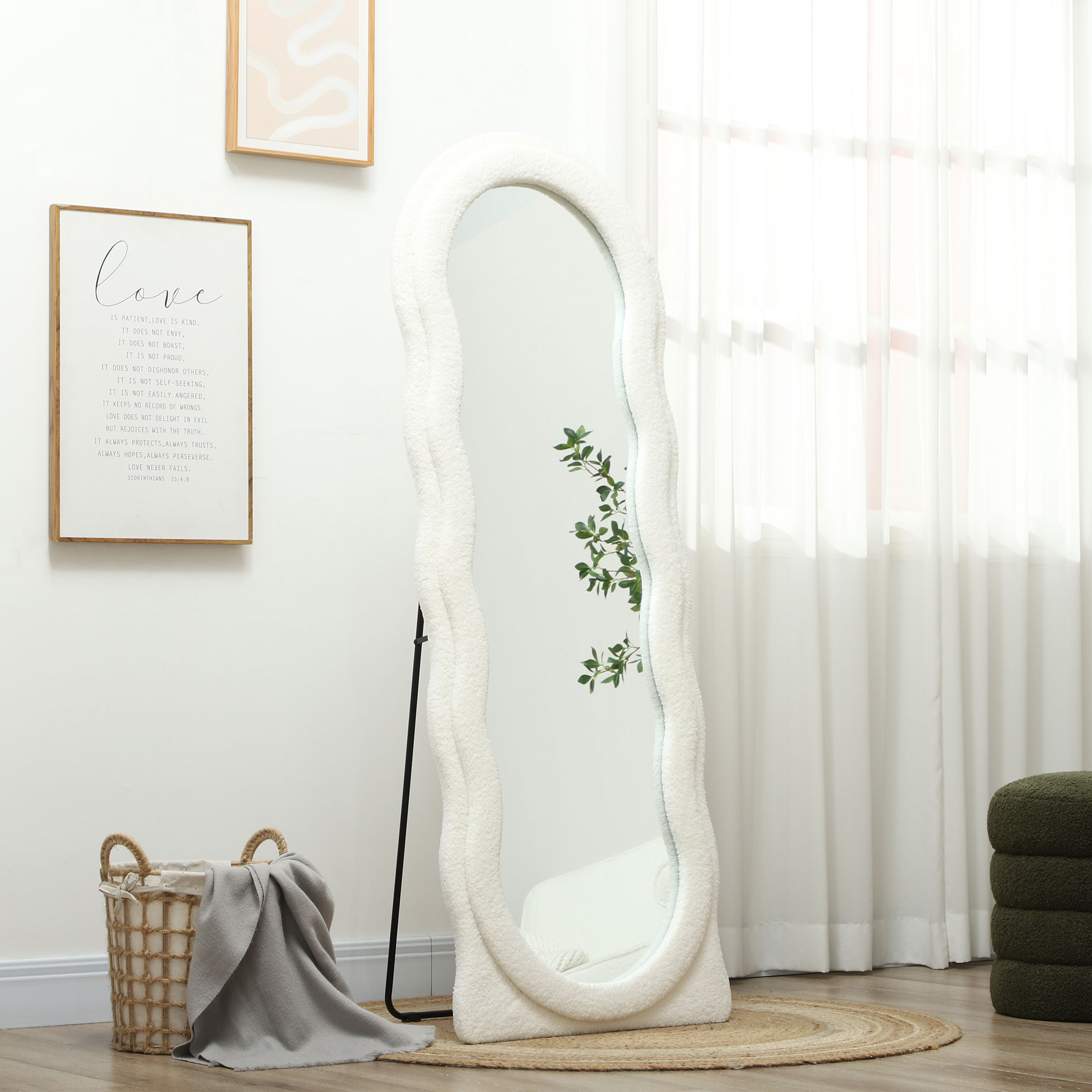 HOMCOM Lichaamslange Spiegel 160 x 60 cm Gebogen Standspiegel met Golfdesign Breukvast Glas Wit