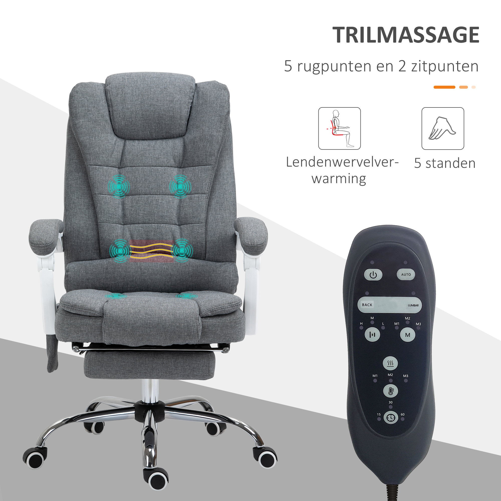 Vinsetto Ergonomische Massagestoel, 6 Vibratiepunten, Verstelbare Rugleuning, 360° Draaistoel, Grijs