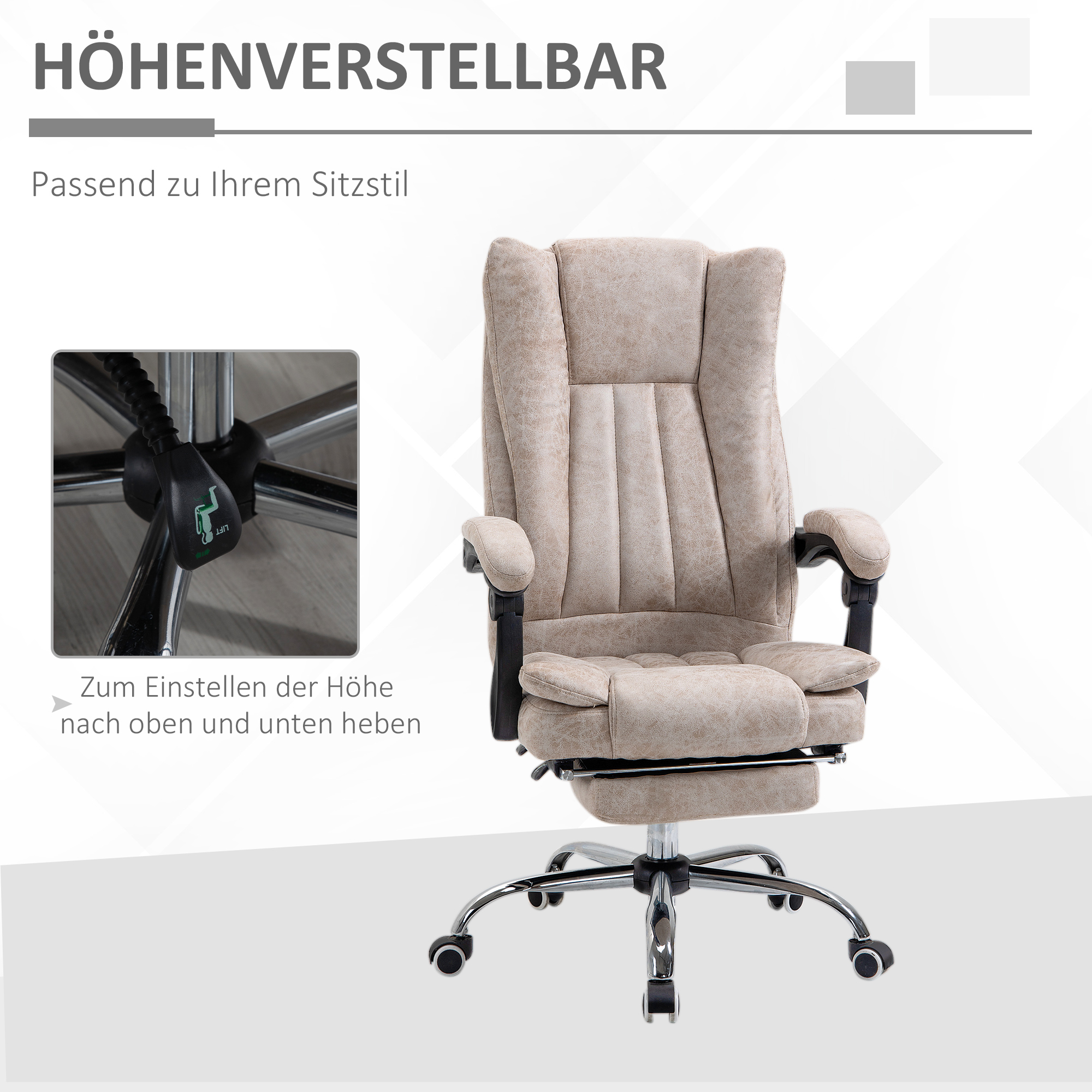 Vinsetto kantoorstoel draaistoel met ligfunctie voetensteun bureaustoel hoogteverstelling zitting stoel bureaustoel microvezel kunststof metaal nylon zwart + beige 63 x 71 x 118 cm