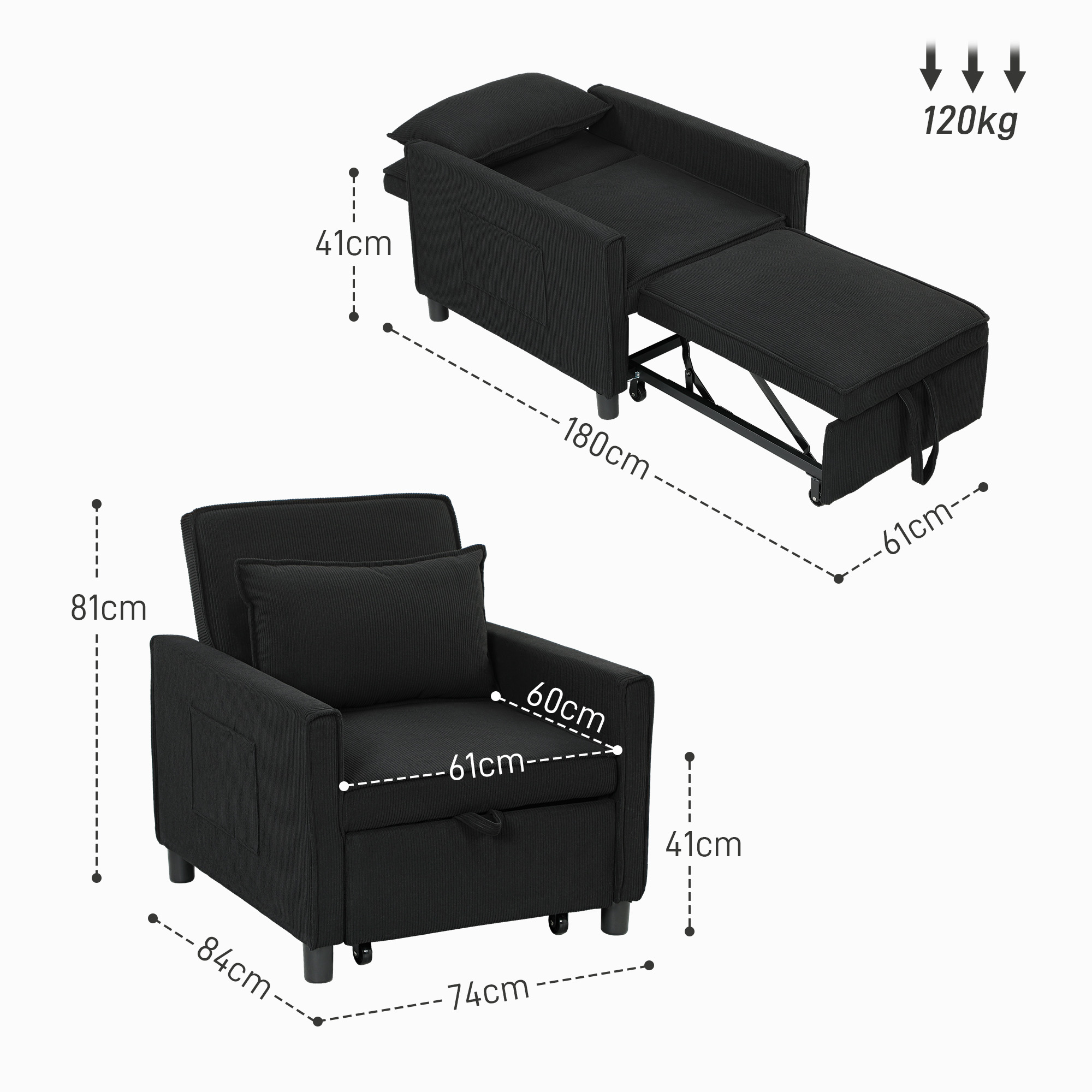 HOMCOM Slaapfauteuil, 3 standen verstelbare, Corduroy bekleding, tot 120 kg, Zwart
