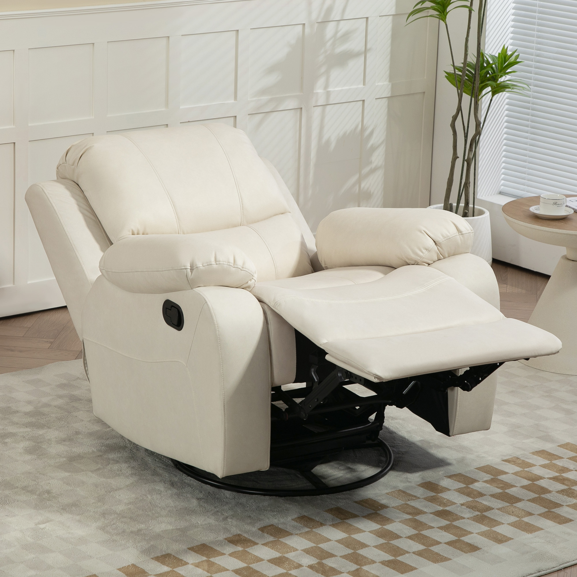HOMCOM Relaxstoel, verstelbare leuning & voetsteun, draaibaar, tot 150 kg, stalen frame, 93x100x98cm, Crèmewit