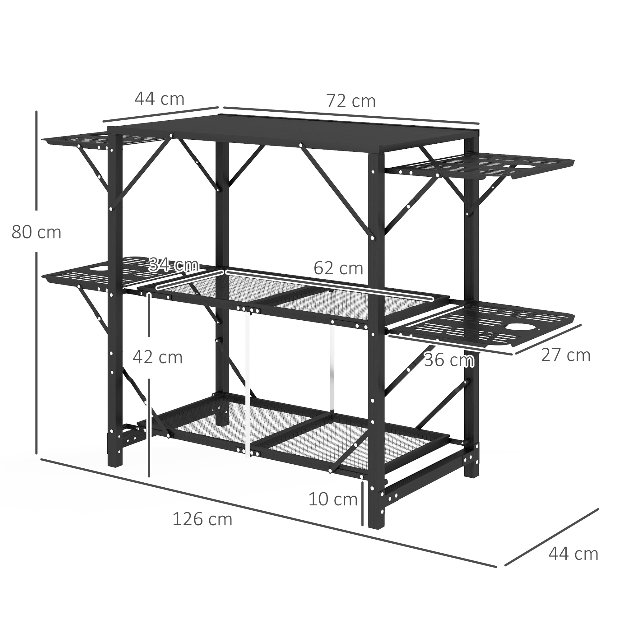 Outsunny Campingtafel Picknicktafel Buitenkeukenkast, Opvouwbaar, Weerbestendig, 126 cm x 44 cm x 80 cm, Zwart