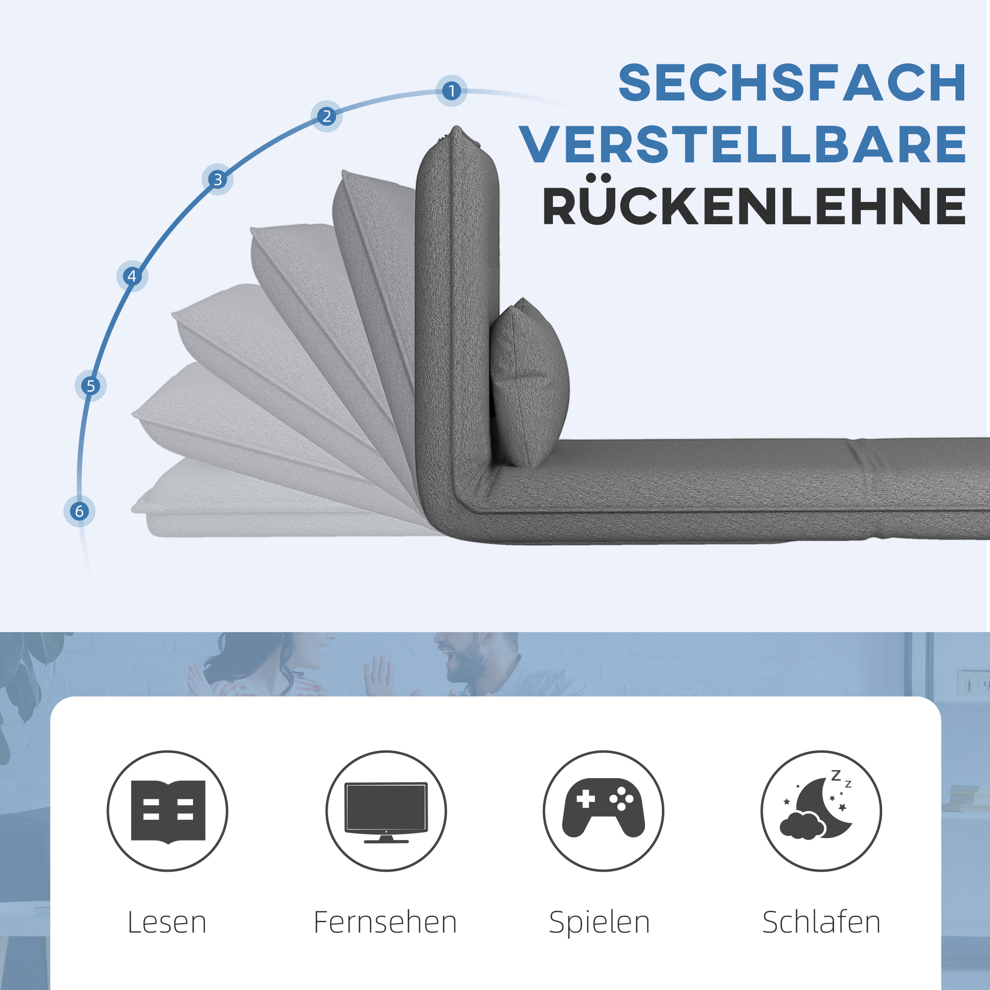 HOMCOM Vloerstoel, 3-in-1 Ontwerp, Verstelbare Vloerstoel, Chaise Longue voor Woonkamer, Slaapkamer, Gastenkamer, Kantoor, Grijs