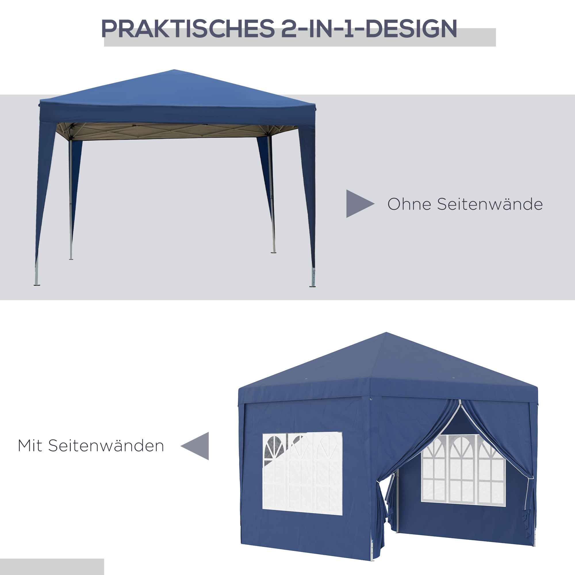 Outsunny Paviljoen, Partytent, 4 afneembare zijwanden, 2 ramen, metalen frame, 2,95 x 2,95 m, Blauw
