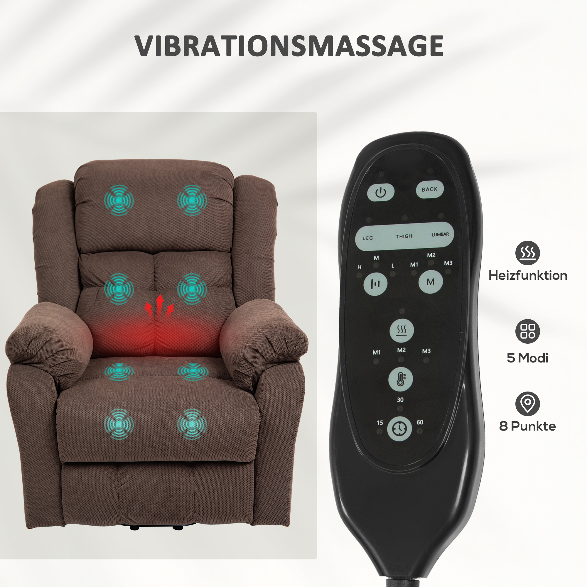 HOMCOM Opstaanstoel met Massagefunctie en Lendeverwarming, Recliner-Stoel met Afstandsbedieningen en Zijzakken, Donkerbruin