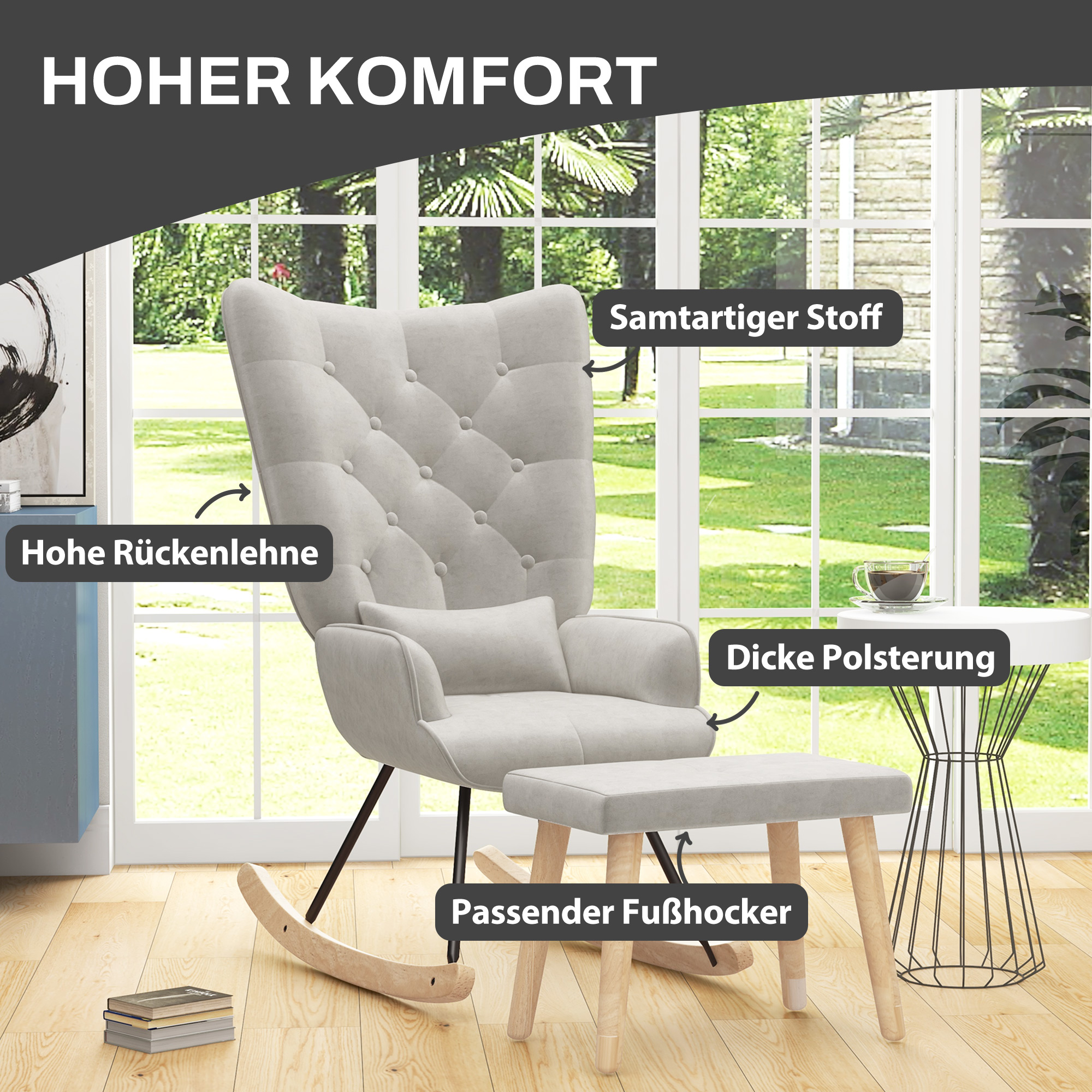 HOMCOM Schommelstoel met poef, gestoffeerd, hoge rugleuning, fluwelen uitstraling, tot 150 kg belastbaar, Crèmewit
