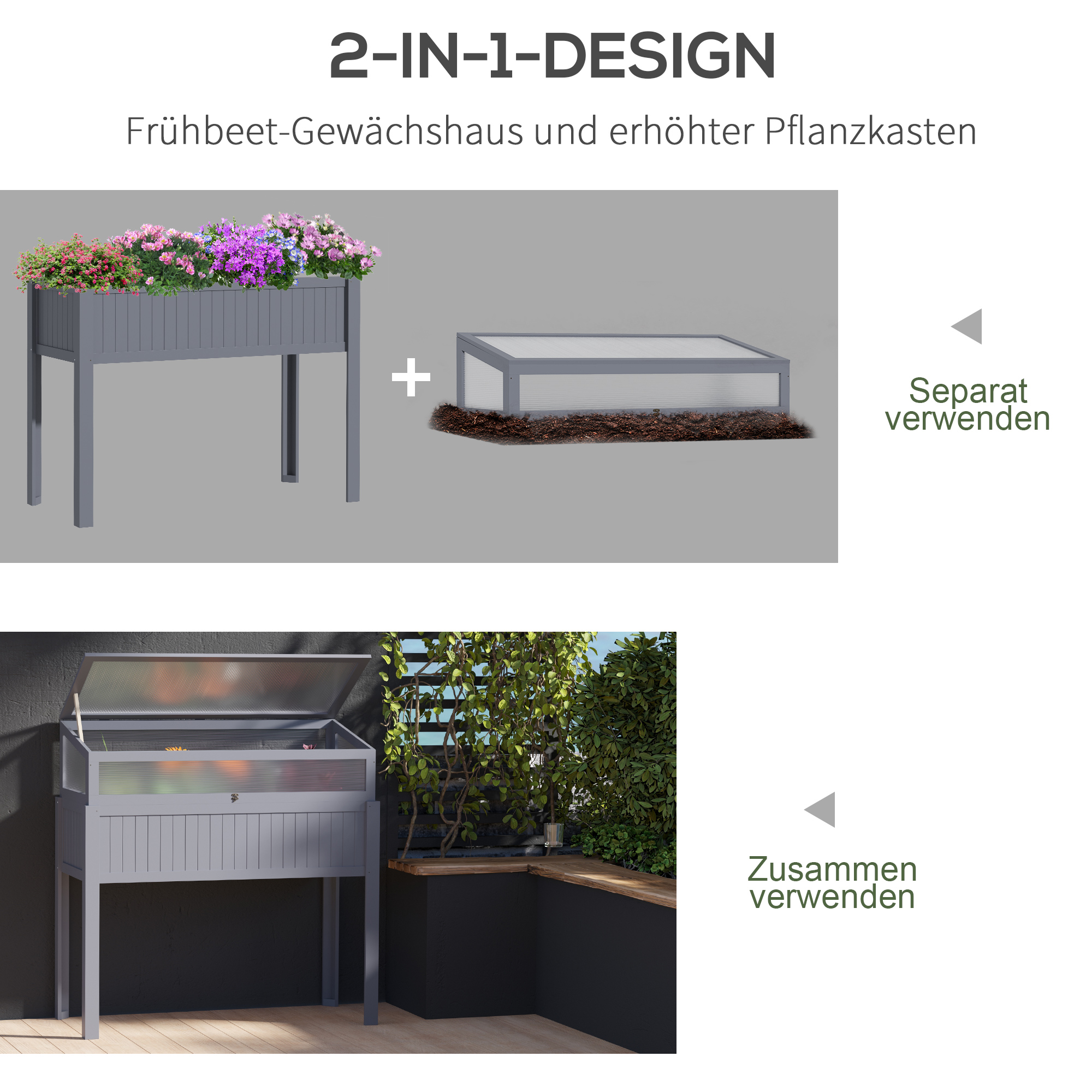 Outsunny Verhoogd Bed Hout met Koud Frame 2-in-1 Kas Tomatenhuis Groentebed Kruidenbed Plantenbak voor Tuin Balkon en Terras Polycarbonaat Grijs 120 x 54 x 112/122 cm