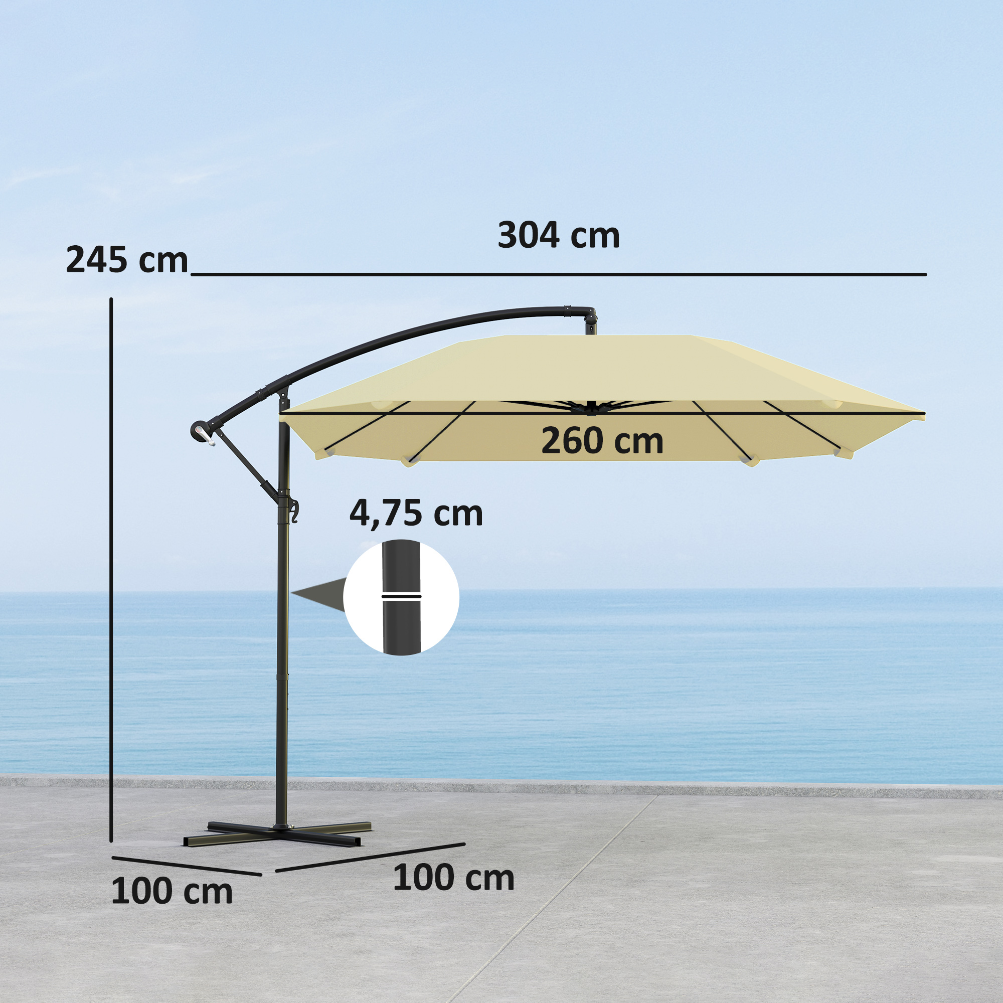 Outsunny Cantilever Parasol Alu Ø 260 cm, Waterdichte Slingerparasol met Standaard, Kruk, Beige