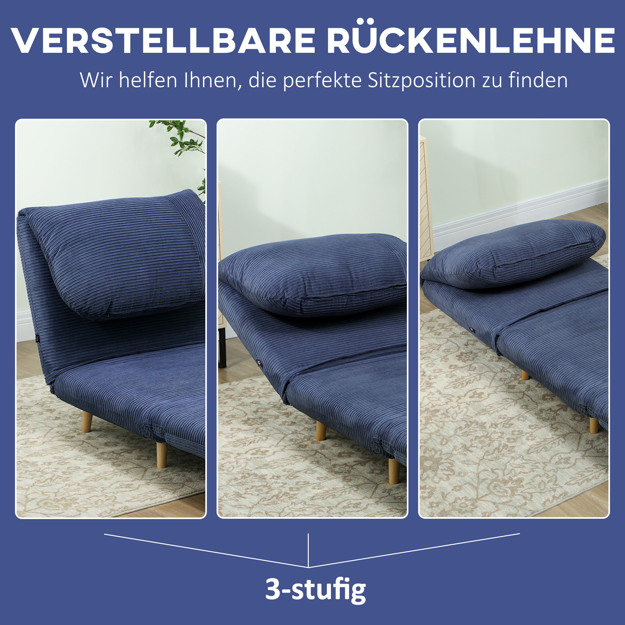 HOMCOM 2-in-1 Slaapstoel en Gastenbed met Verstelbare Hoofdsteun in Corduroy Look, 82 cm x 89 cm x 83 cm, Blauw