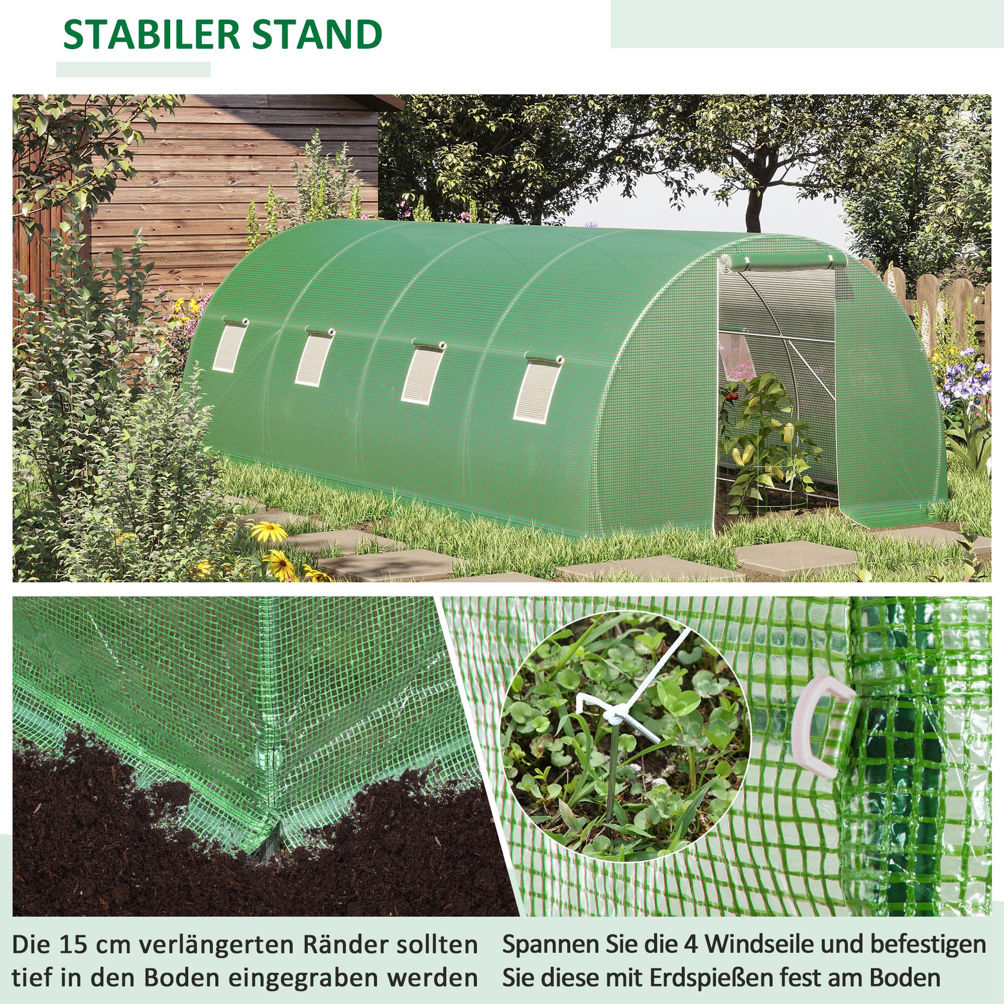 Outsunny Kas met folie, loopbaar, 8 ramen met vliegengaas, stevige folie, stalen frame, 6 x 3 x 2 m, groen