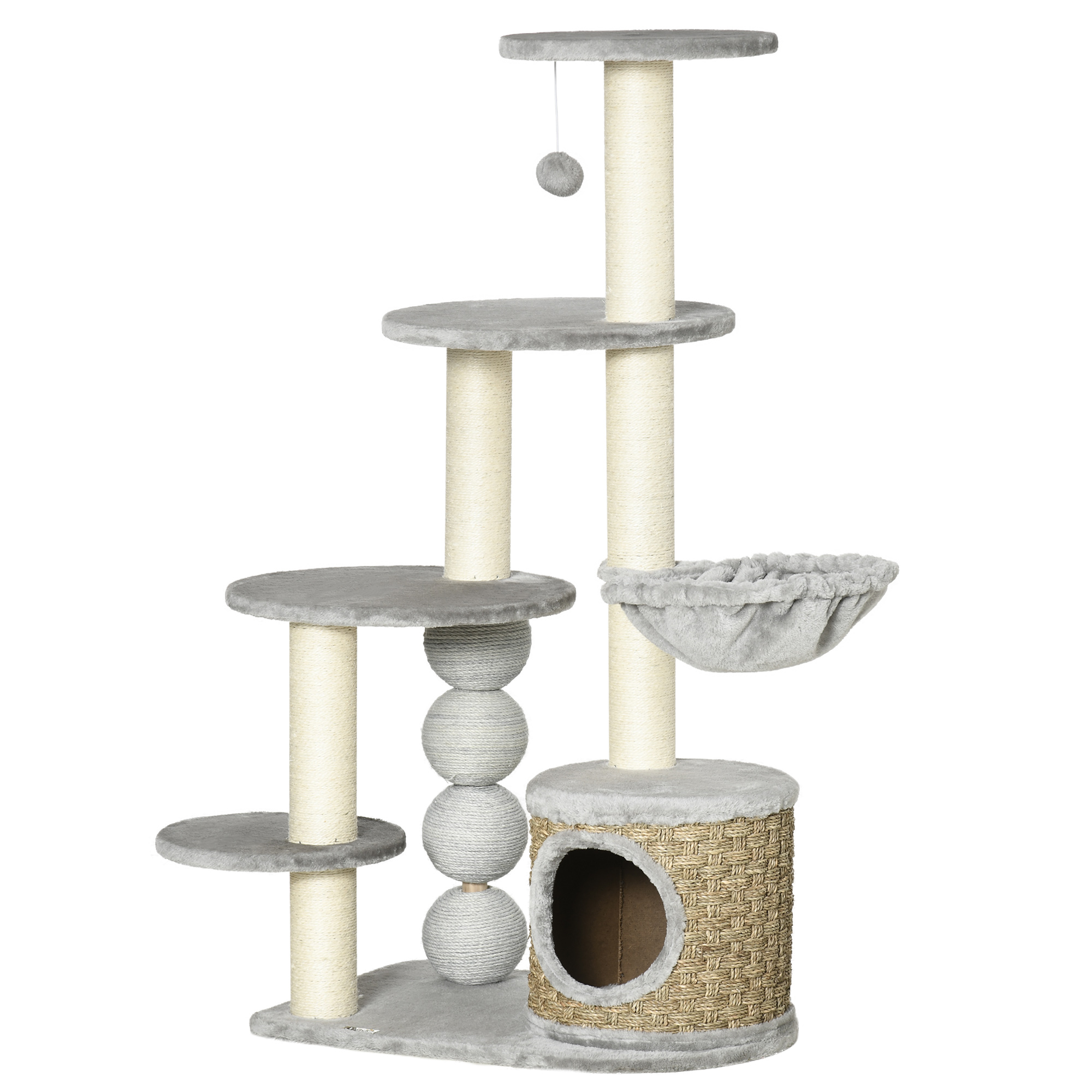 PawHut kattenboom met kattengrot, hangmat en 3 krabpalen 60 cm x 40 cm x 115,5 cm lichtgrijs