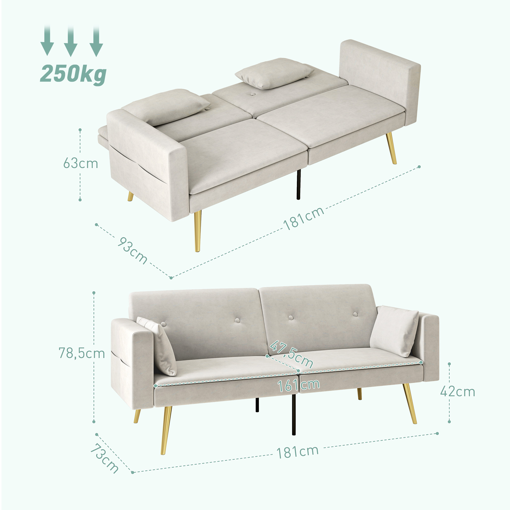 HOMCOM Tweezits Bedbank, Verstelbare Rugleuning, Zachte Kussens, Fluweelachtige Bekleding, voor Woonkamer, Gastenkamer, Beige