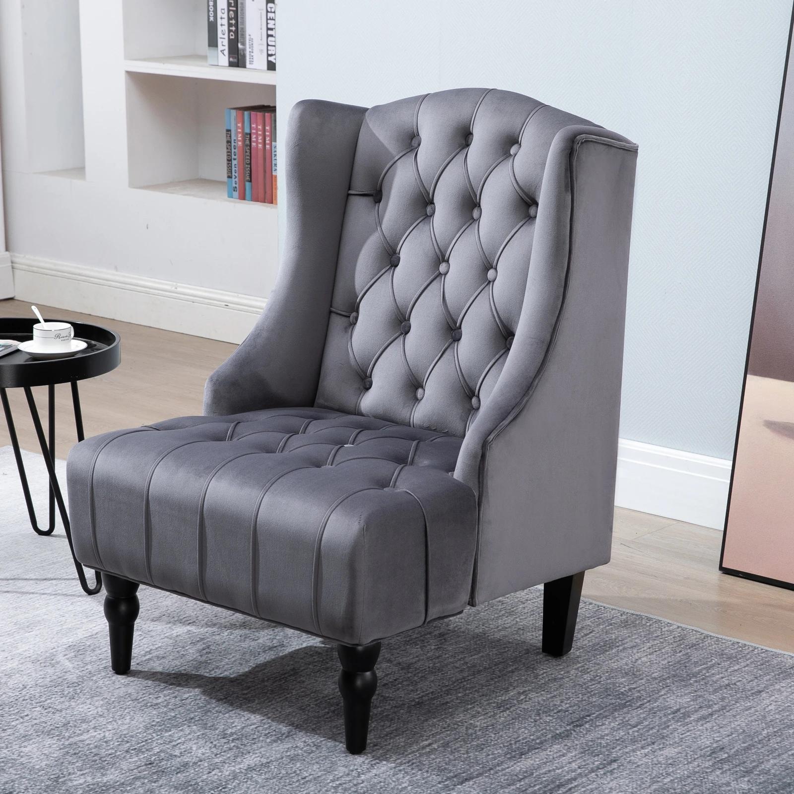 HOMCOM®-vleugelstoel met tufting, Relaxfauteuil, Fluweel, Grijs, 67 x 70,5 x 97 cm