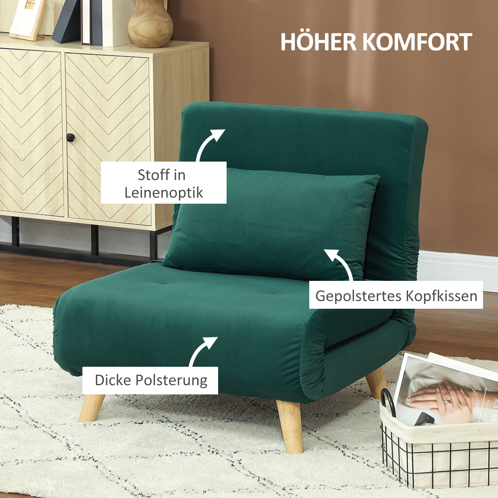 HOMCOM Opklapbare Stoel met Bedfunctie, Opvouwbare Relaxstoel in Fluweel Look, Verstelbare Rugleuning, tot 120 kg Belastbaar, Donkergroen