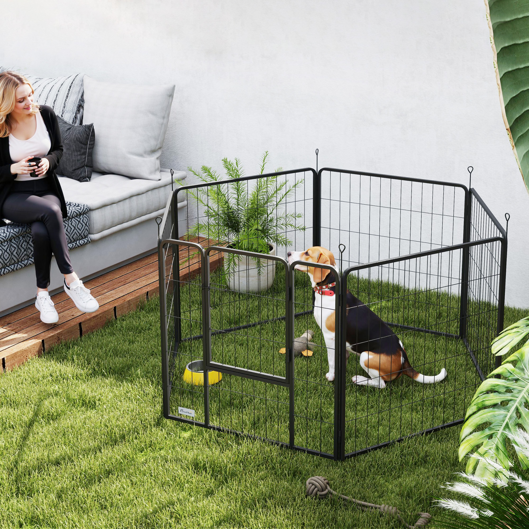 PawHut Hondenomheining, Huisdierengehege, 6 Panelen, Staal, Opvouwbaar, Zwart