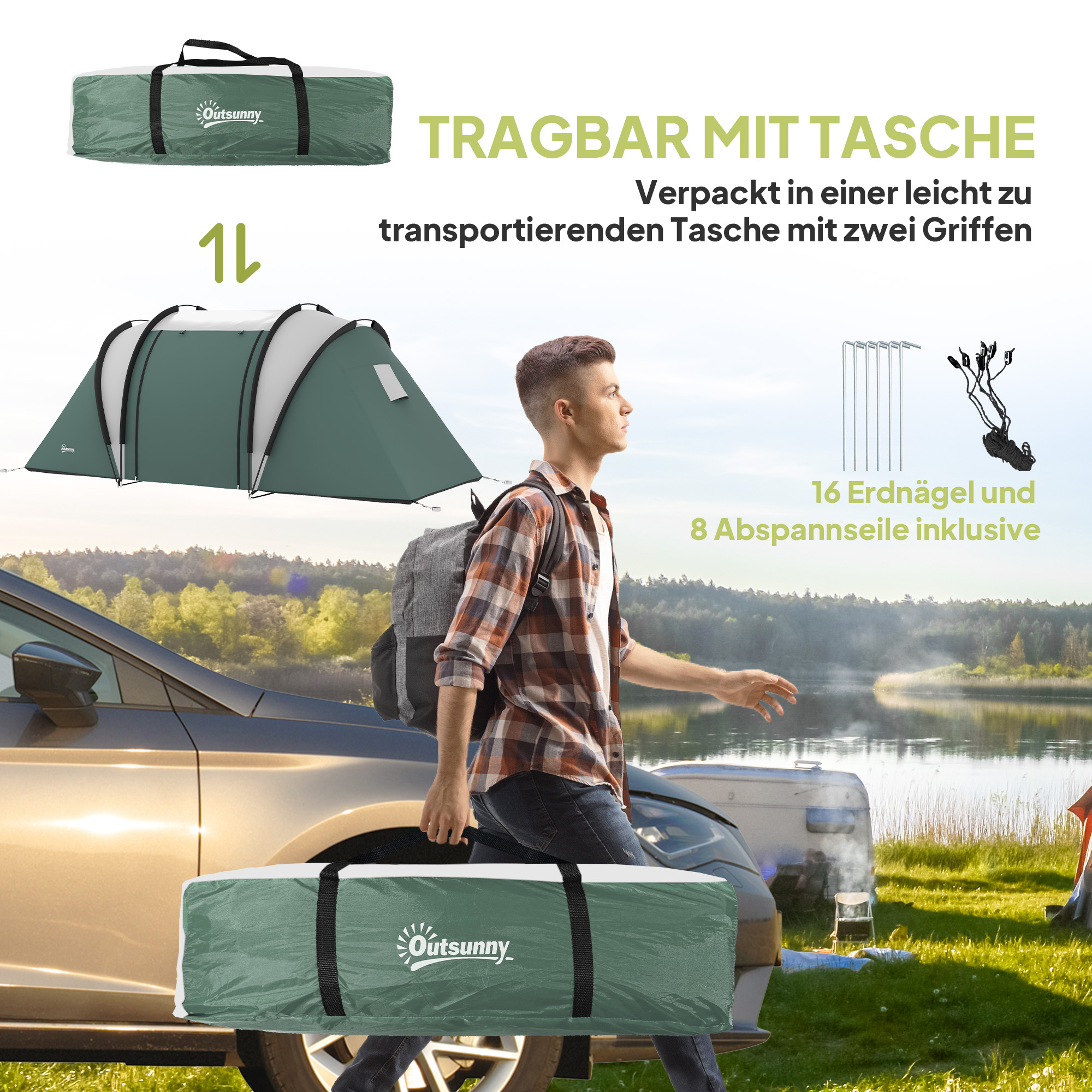 Outsunny Lichtgewicht Waterafstotende Campingtent voor 4-5 Personen met 3 Kamers, Zijdeur en Ramen in Donkergroen