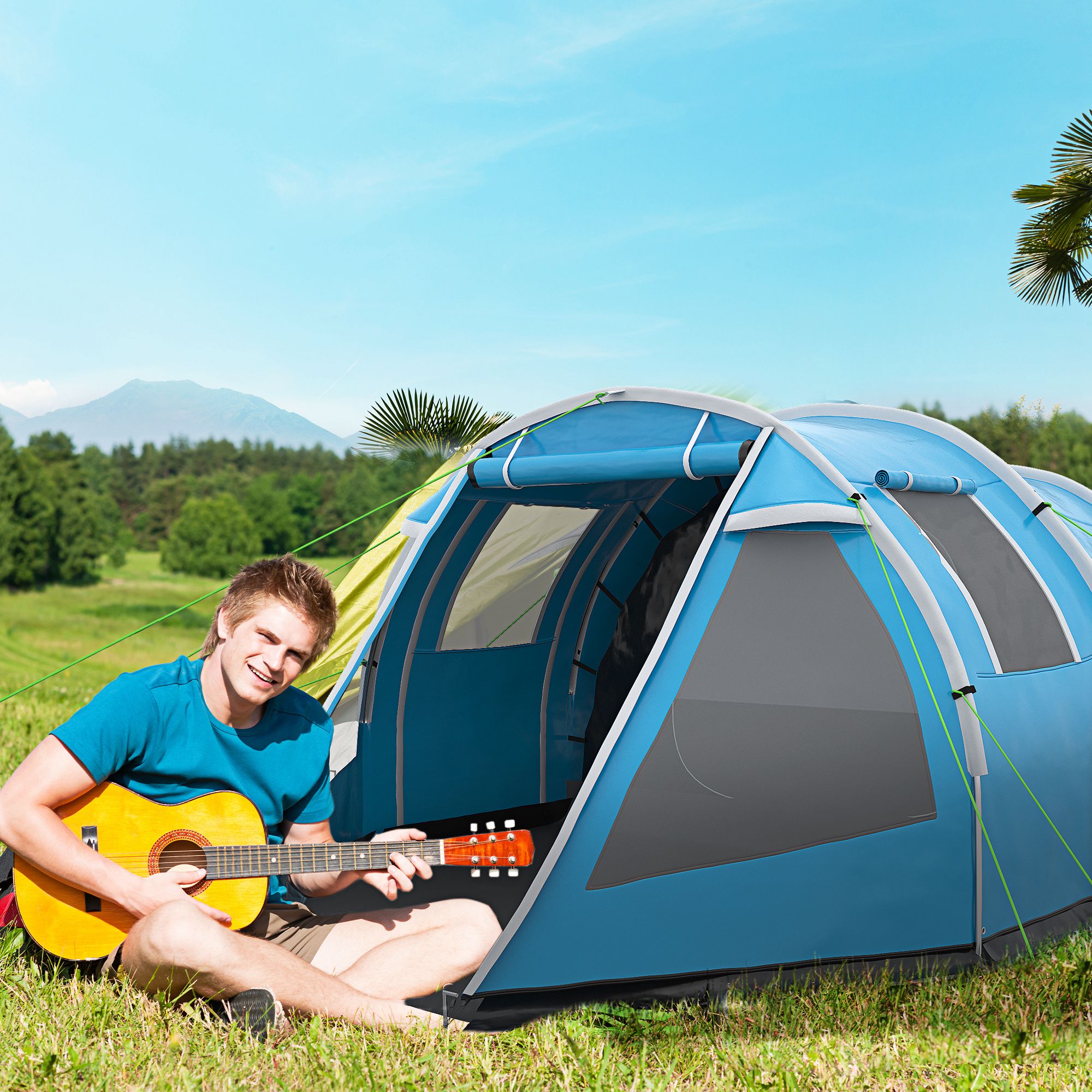 Outsunny Campingzelt Trekkingzelt Zelt, weerbestendig, 2 kamers, 475 x 264 cm Breedte x 172, Blau