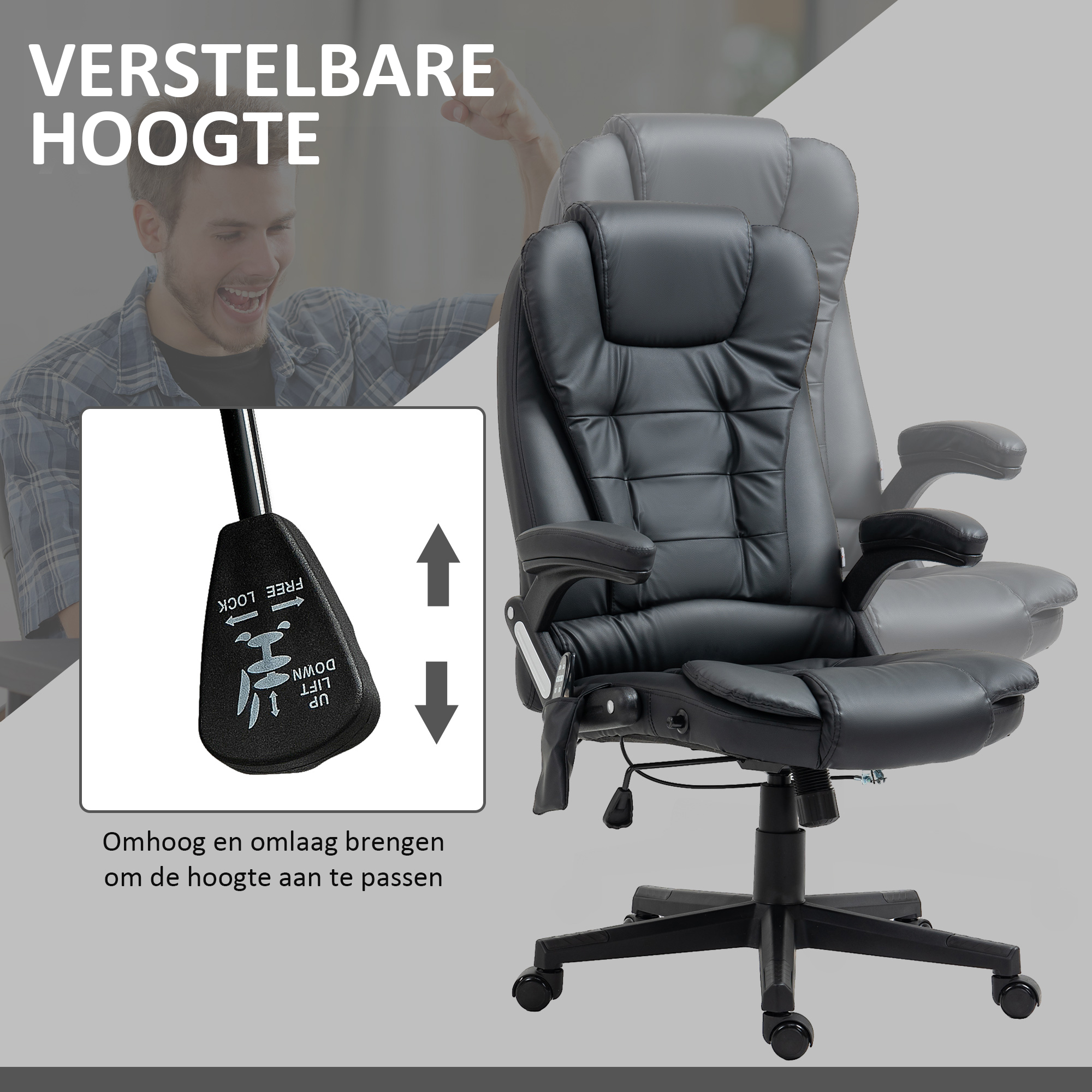 HOMCOM® directiestoel met massagefunctie bureaustoel kantoorstoel gaming stoel massagestoel met warmtefunctie vibratie op 6 punten draaibaar zwart