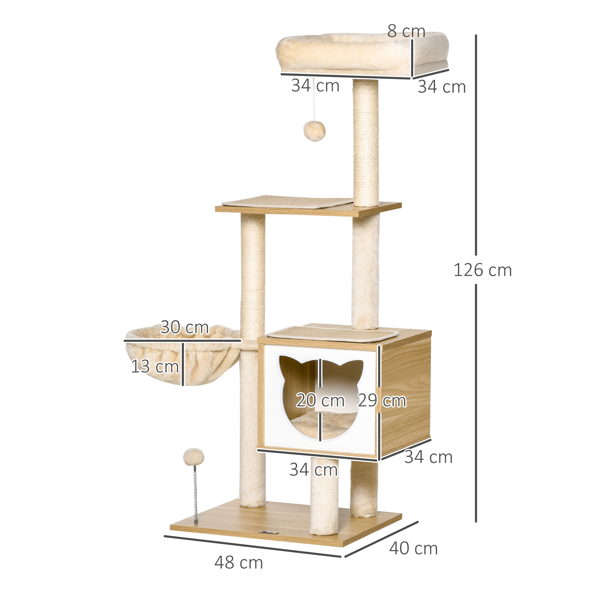 PawHut kattenkrabpaal kattenspeelgoed klimboom spaanplaat sisal kort pluche beige 48 x 40 x 126 cm
