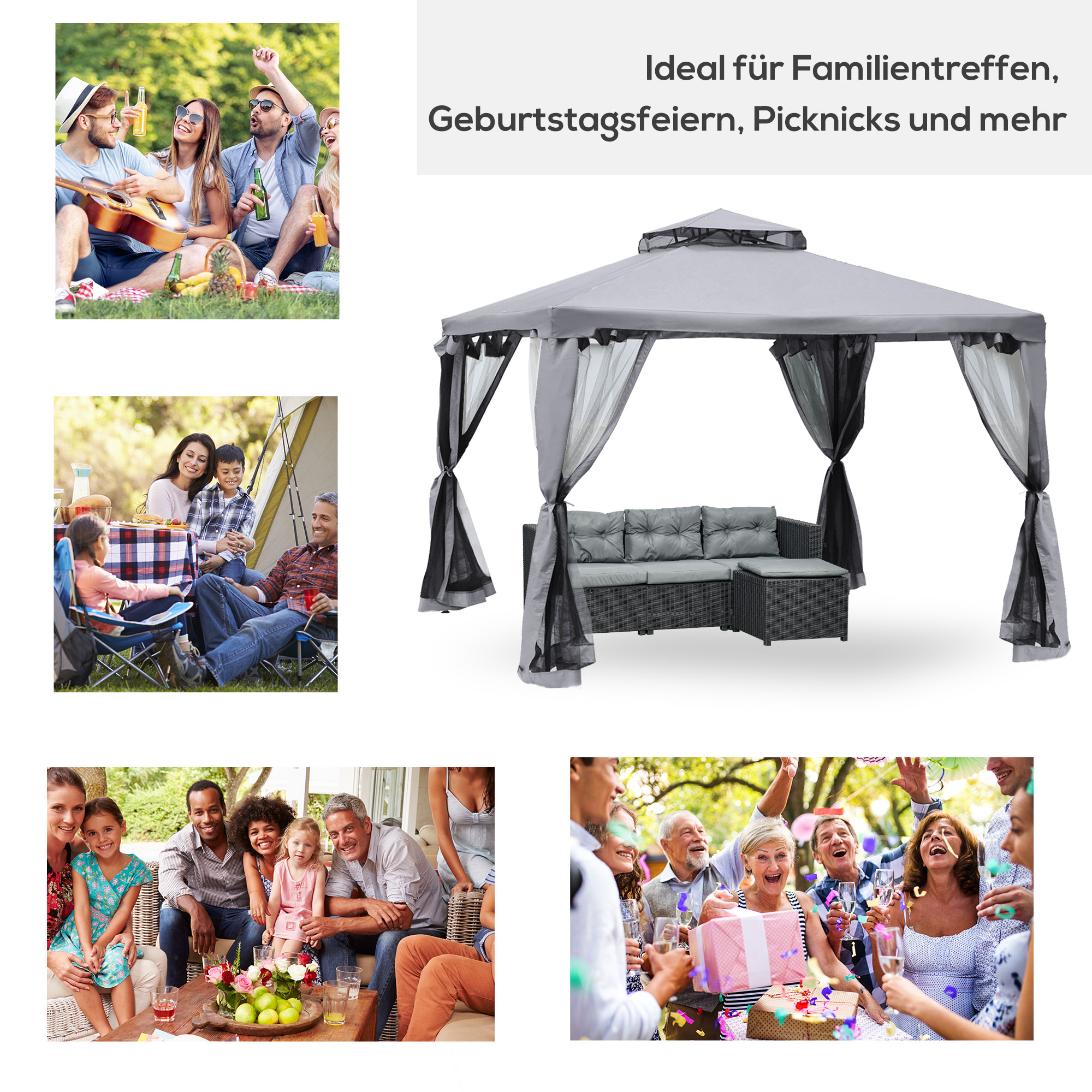 Outsunny Tuinpaviljoen 3x3 Tuin Paviljoen Met Muggengaas voor Feesten en Ontvangst, Grijs