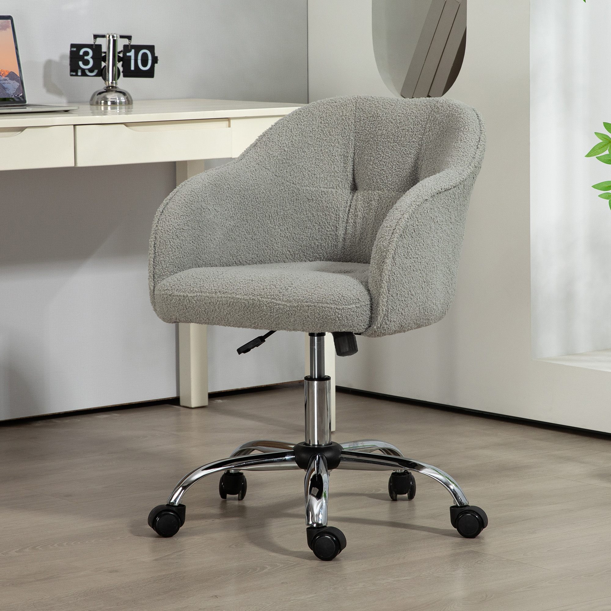 HOMCOM Thuiswerkstoel, Ergonomische Bureaustoel met Wippfunctie, Teddysamtoptiek 56 x 61 x 86 cm Grijs