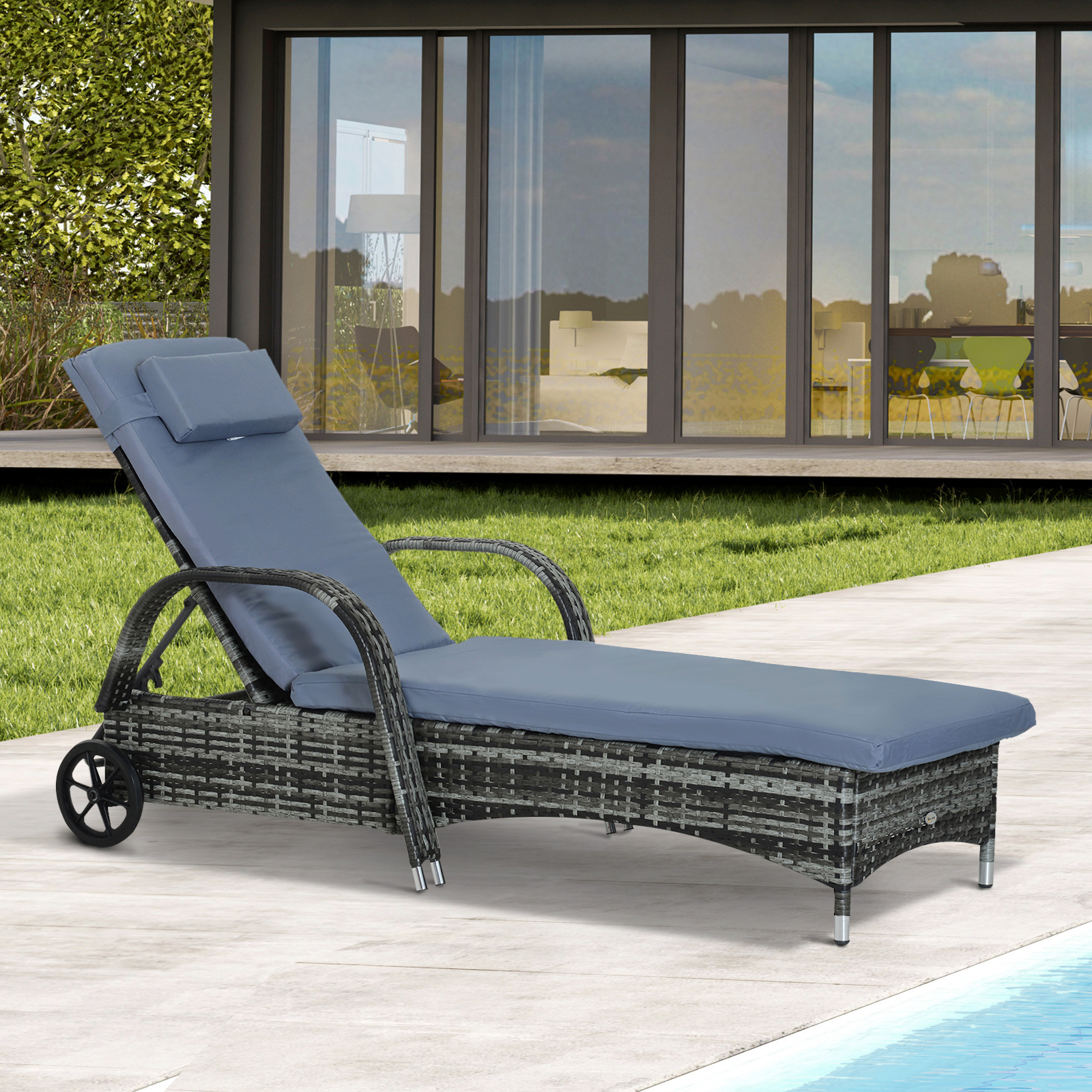 Outsunny poly-rotan ligbank ligstoel rotan ligstoel tuinmeubel mobiel grijs