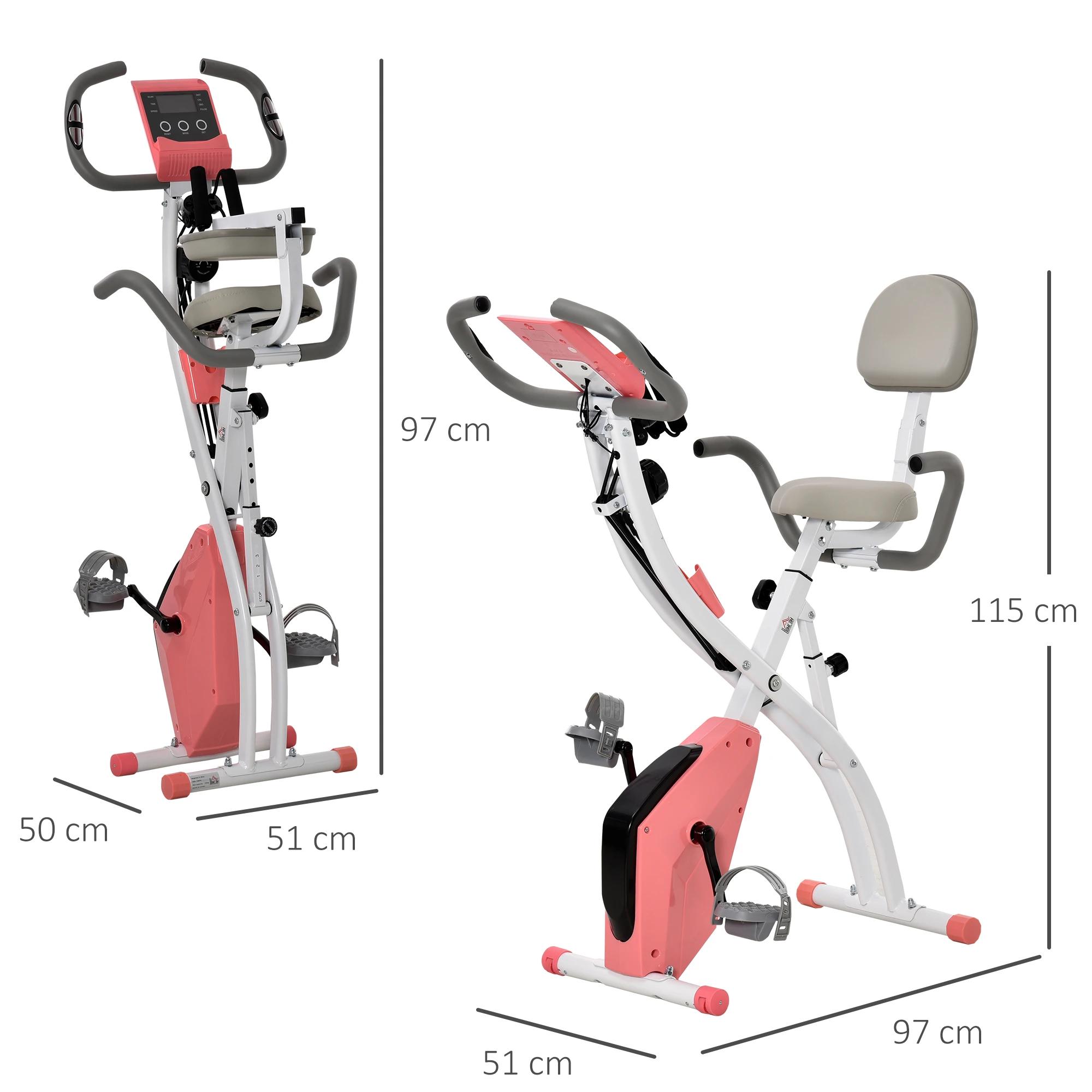 HOMCOM hometrainer 2-in-1 fietstrainer LCD display inklapbare hometrainer hometrainer met 8 niveaus instelbare magnetische weerstand en 1 paar spankoorden staal roze + wit 97 x 51 x 115 cm