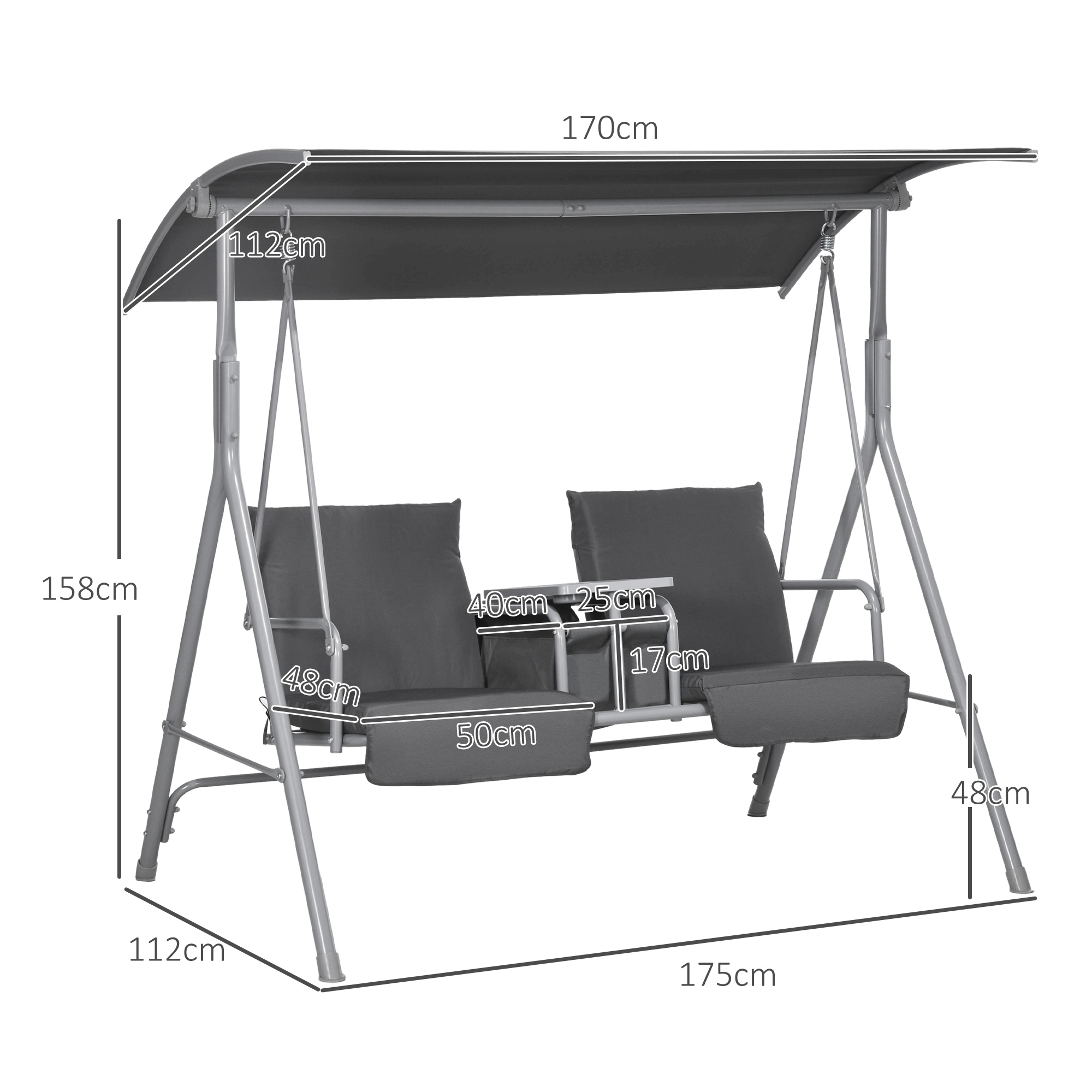 Outsunny Hollywoodschommel, 2-zits, met Dak en Tafel, Metalen Frame, Tot 180 kg, 175x110x165 cm, Zwart