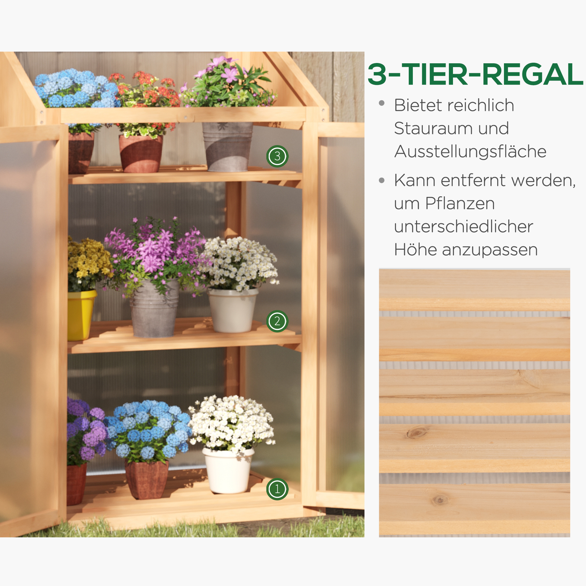 Outsunny Mini-kas, Klein Kas met Houten Frame, Vensters en Dubbele Deur, 3 Planken, 70L x 50B x 120H cm, Bruin