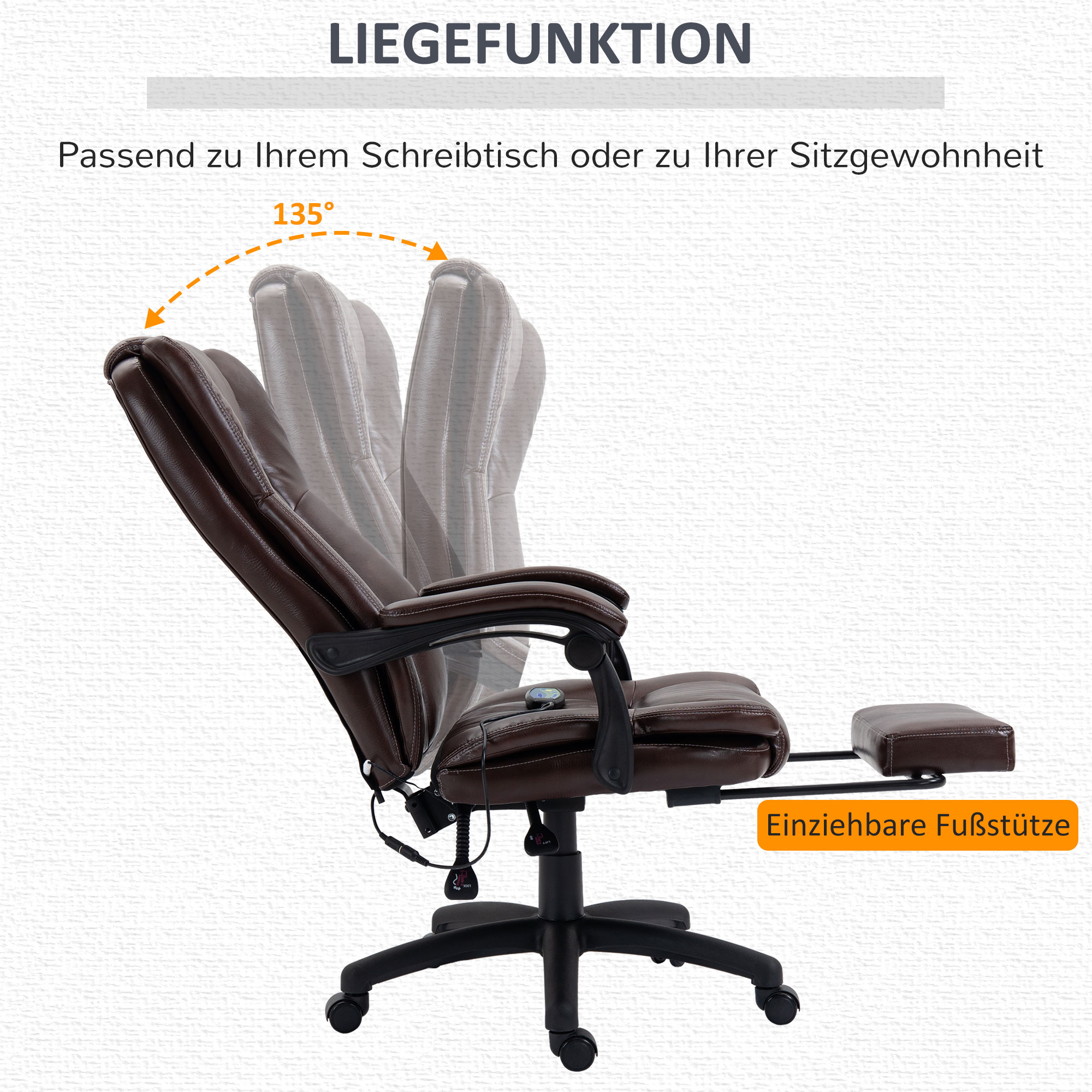 Vinsetto bureaustoel stoel directiestoel draaibare stoel met massagefunctie ligfunctie kunstleer schuimstof PP kunststof nylon bruin 68,5 x 68,5 x 119-127 cm
