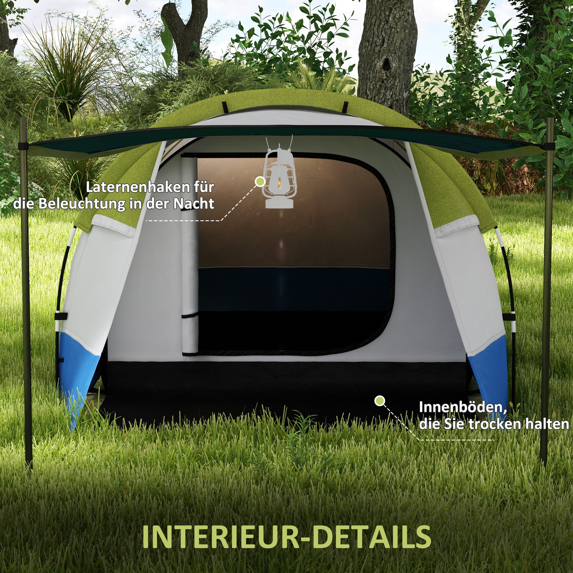 Outsunny Campingtent, voor 3 Personen, Lantaarnhaak, Drie Ingangen, Waterdicht, Groen