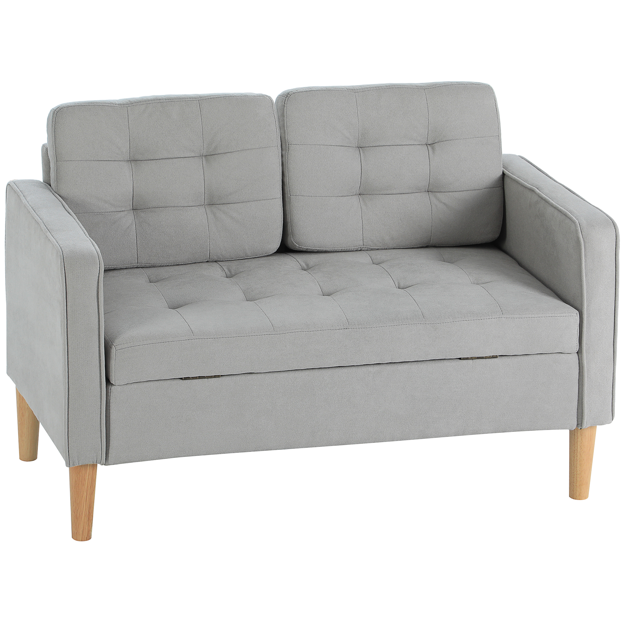 HOMCOM Tweezitsbank met Opbergruimte, Knopen Trekt, Kussens, Rubberhout, 117x62x78cm, Lichtgrijs