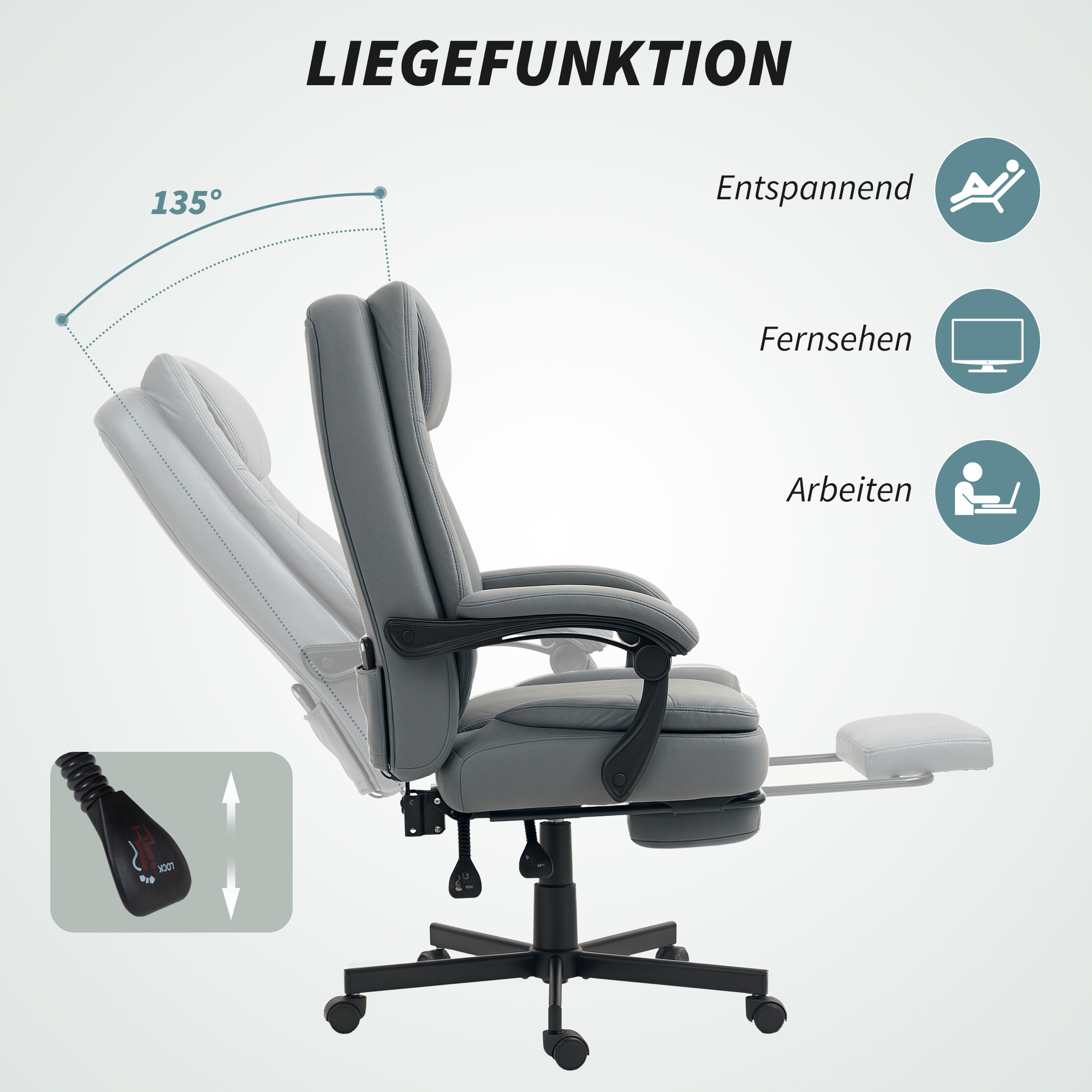 HOMCOM Bureaustoel met Massagefunctie, In Hoogte Verstelbaar en Kantelbare Rugleuning, Gepolsterd, Op Wielen, Grijs