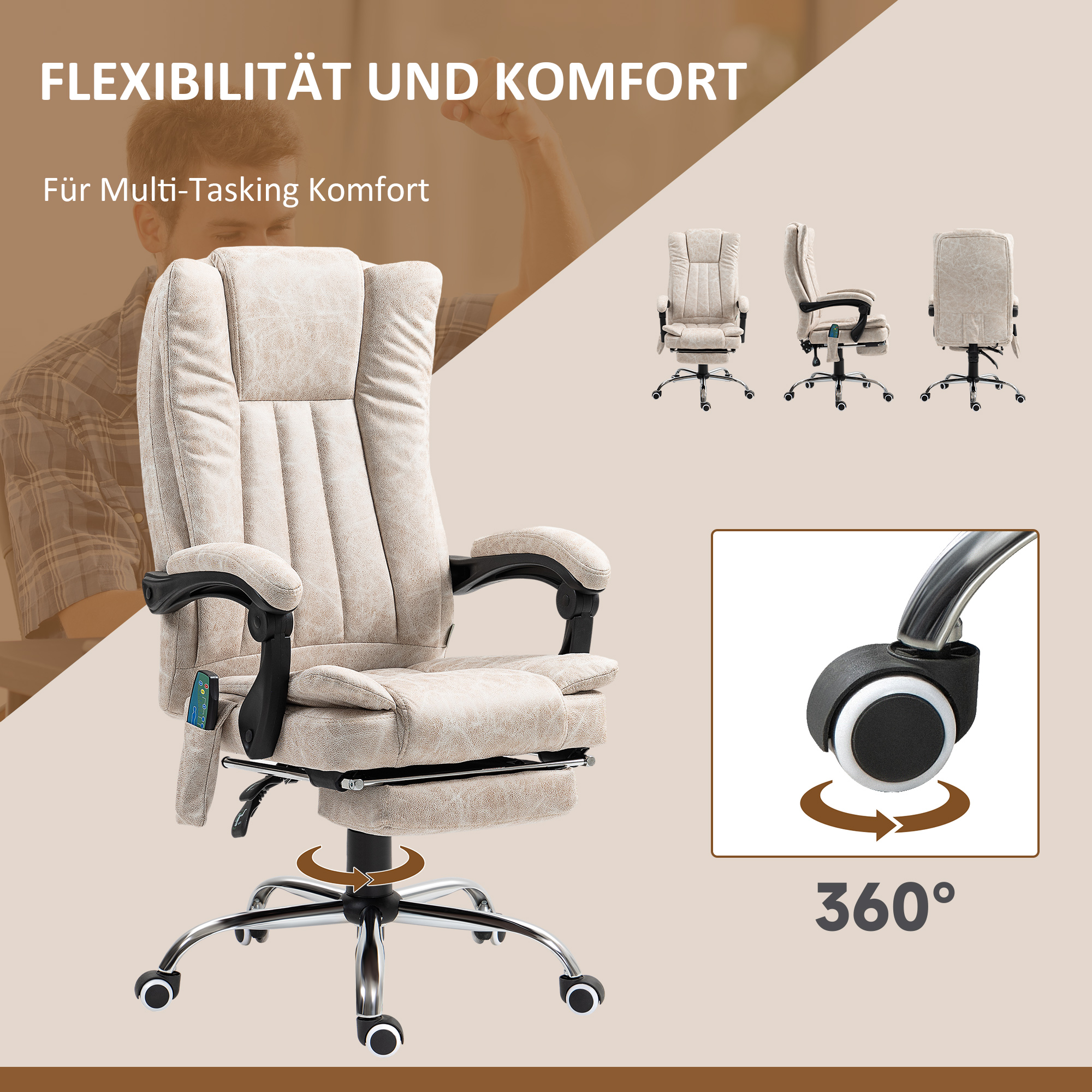 Vinsetto Bureaustoel met Massagefunctie, Ergonomische Schreibtischstoel met Ligfunctie, Verwarmingsfunctie en Zijzak, Crèmewit