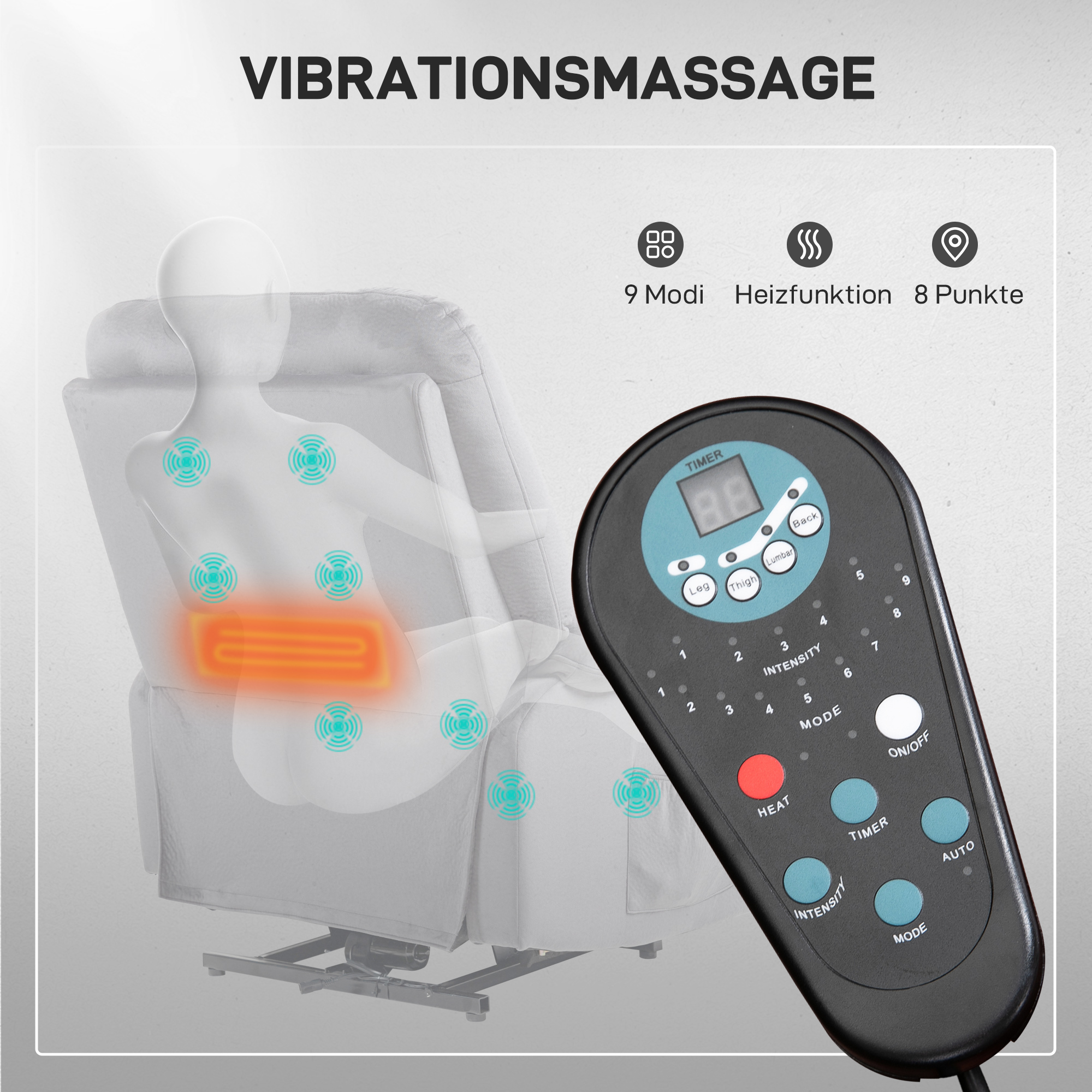 HOMCOM Opstaan Stoel met Massagefunctie, 90x93x110cm, Lichtgrijs