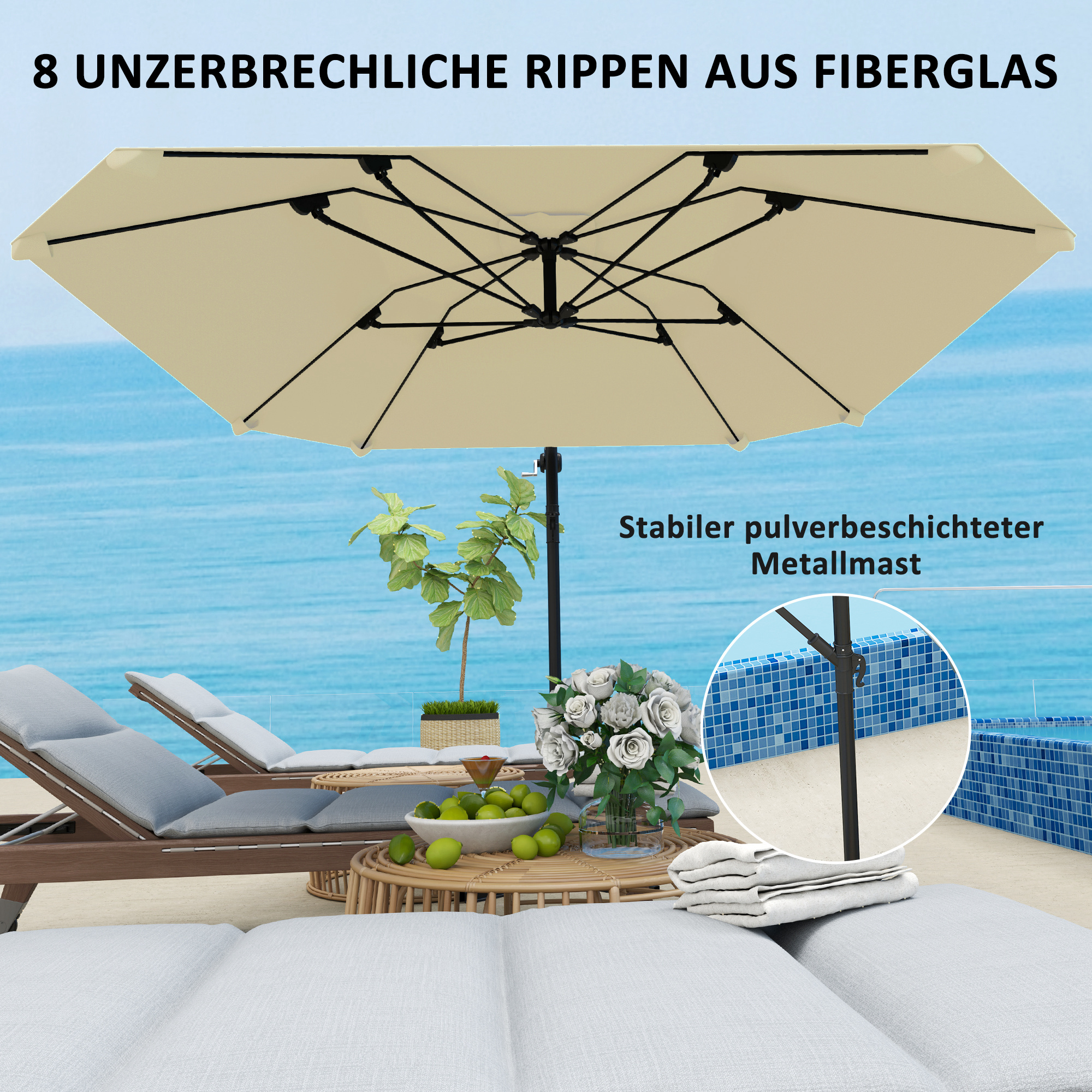 Outsunny Cantilever Parasol Alu Ø 260 cm, Waterdichte Slingerparasol met Standaard, Kruk, Beige