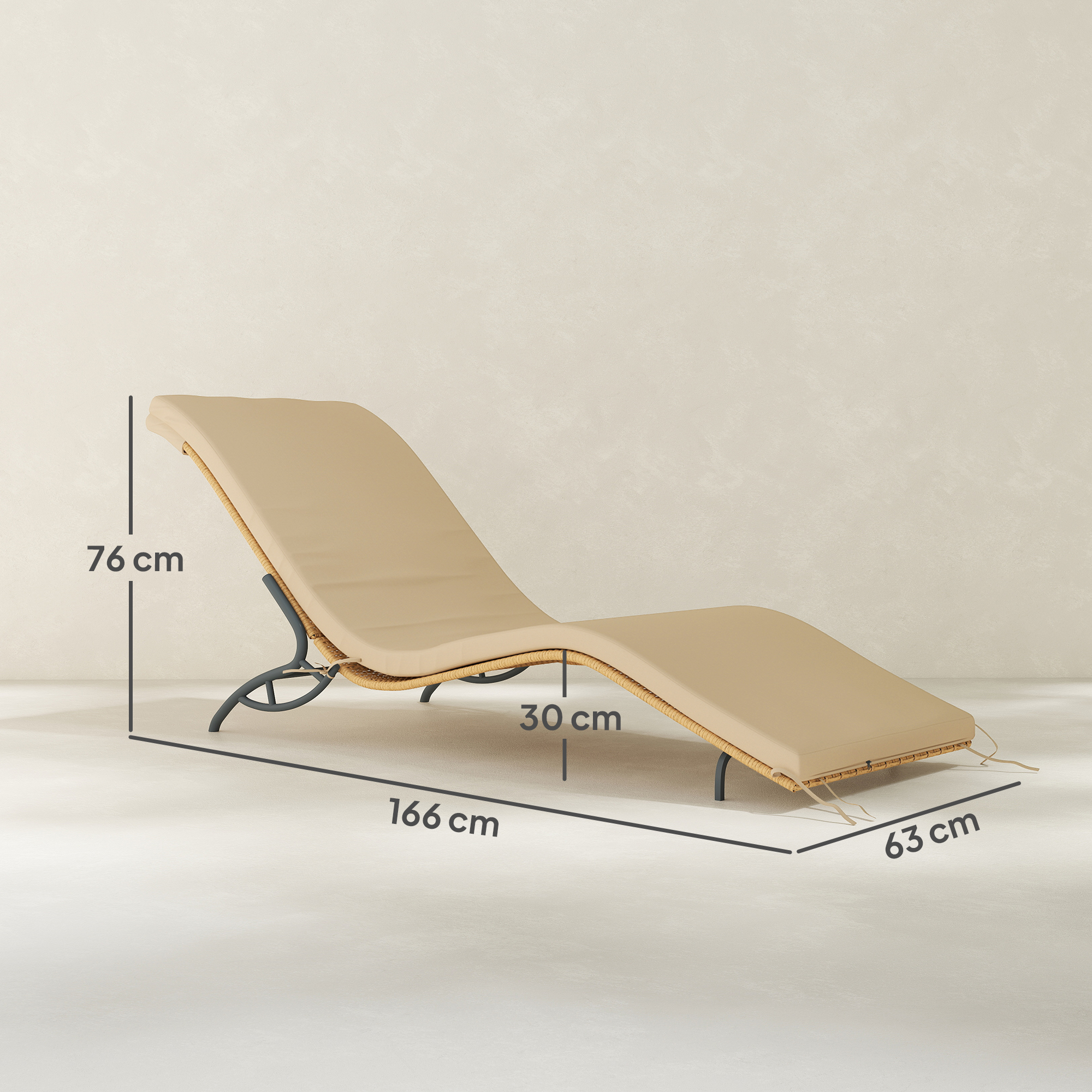 Outsunny Zonnebed Polyrattan Tuinbed met Kussen, Weerbestendig Ligbed 120 kg Draagvermogen 166 x 63 x 76 cm Beige