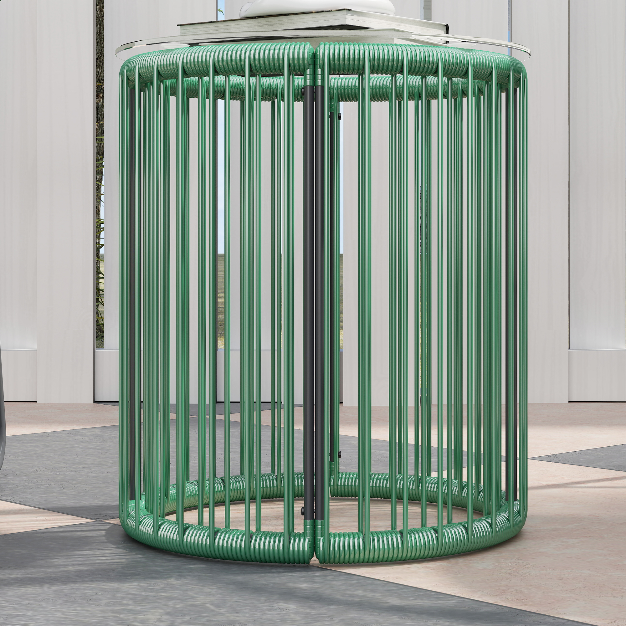 Outsunny 3-delig Buitenmeubelset, 1 Tafel, 2 Stoelen, Glazen Tafelblad, Kunststof-Rattan om Stalen Frame, Zachte Kussens, Groen