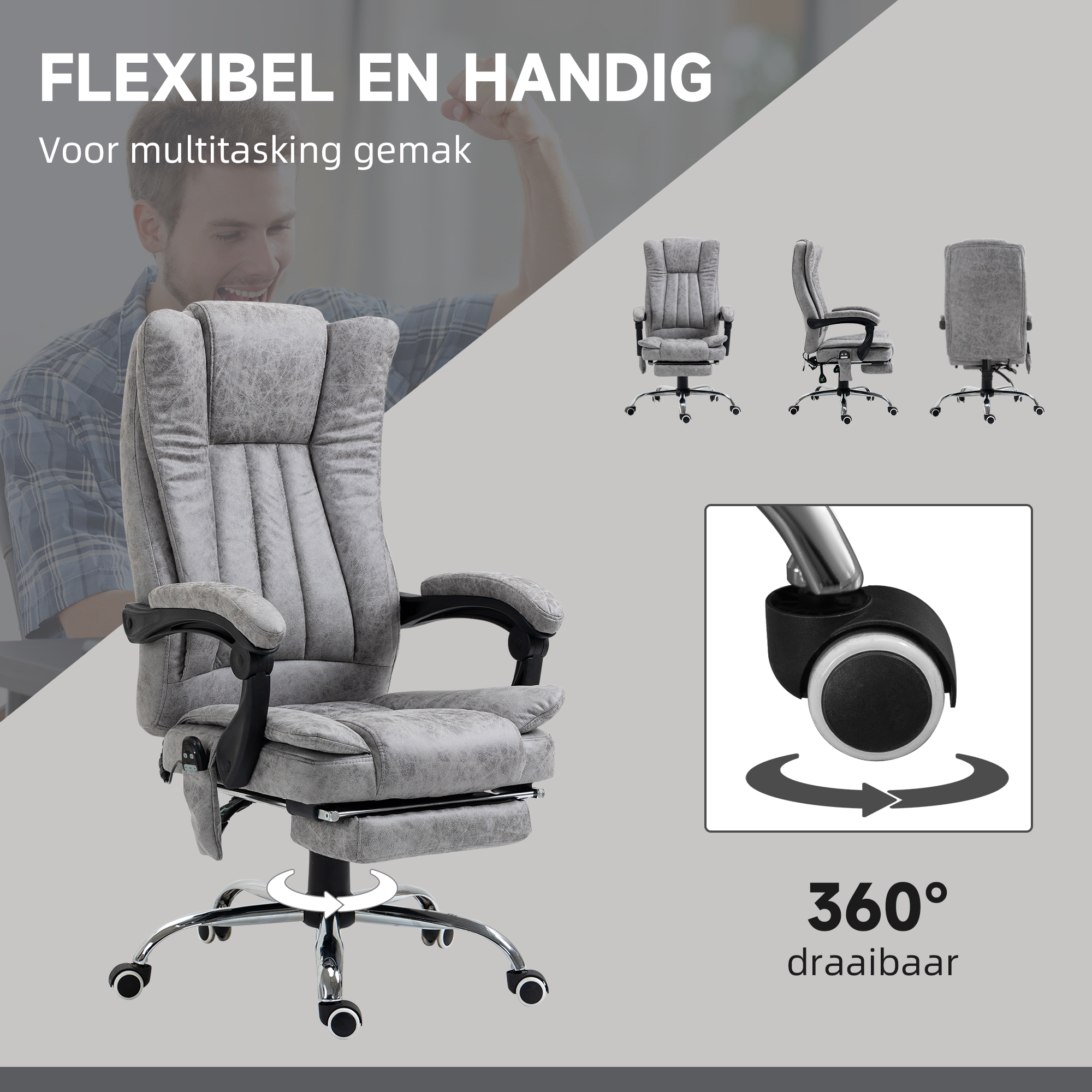 HOMCOM Bureaustoel massagestoel verwarmingsfunctie ligfunctie voetensteun grijs