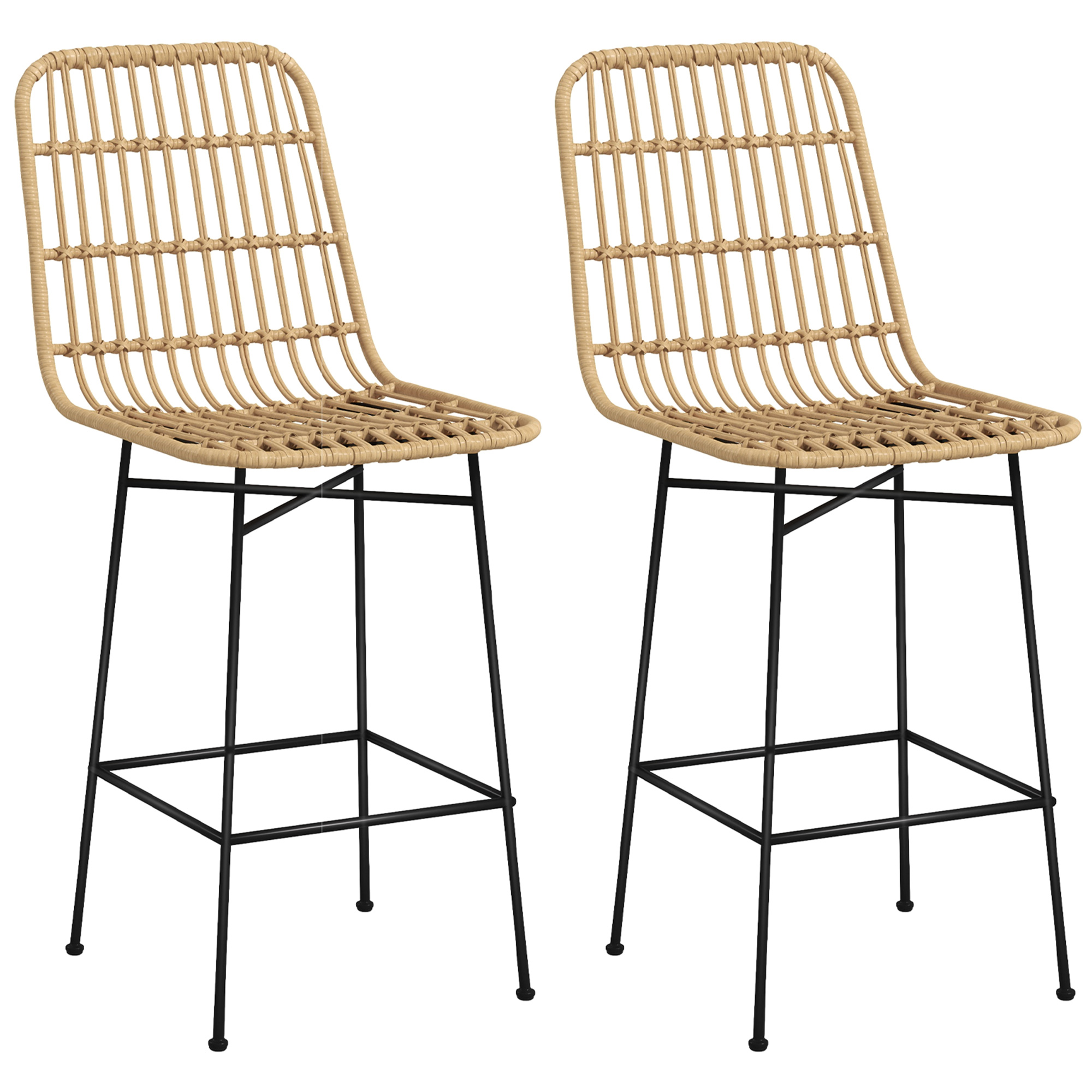 HOMCOM Barkruk Barstoel, Boho-stijl, PE-rattan, 45 x 53,5 x 105 cm, Natuur + Zwart