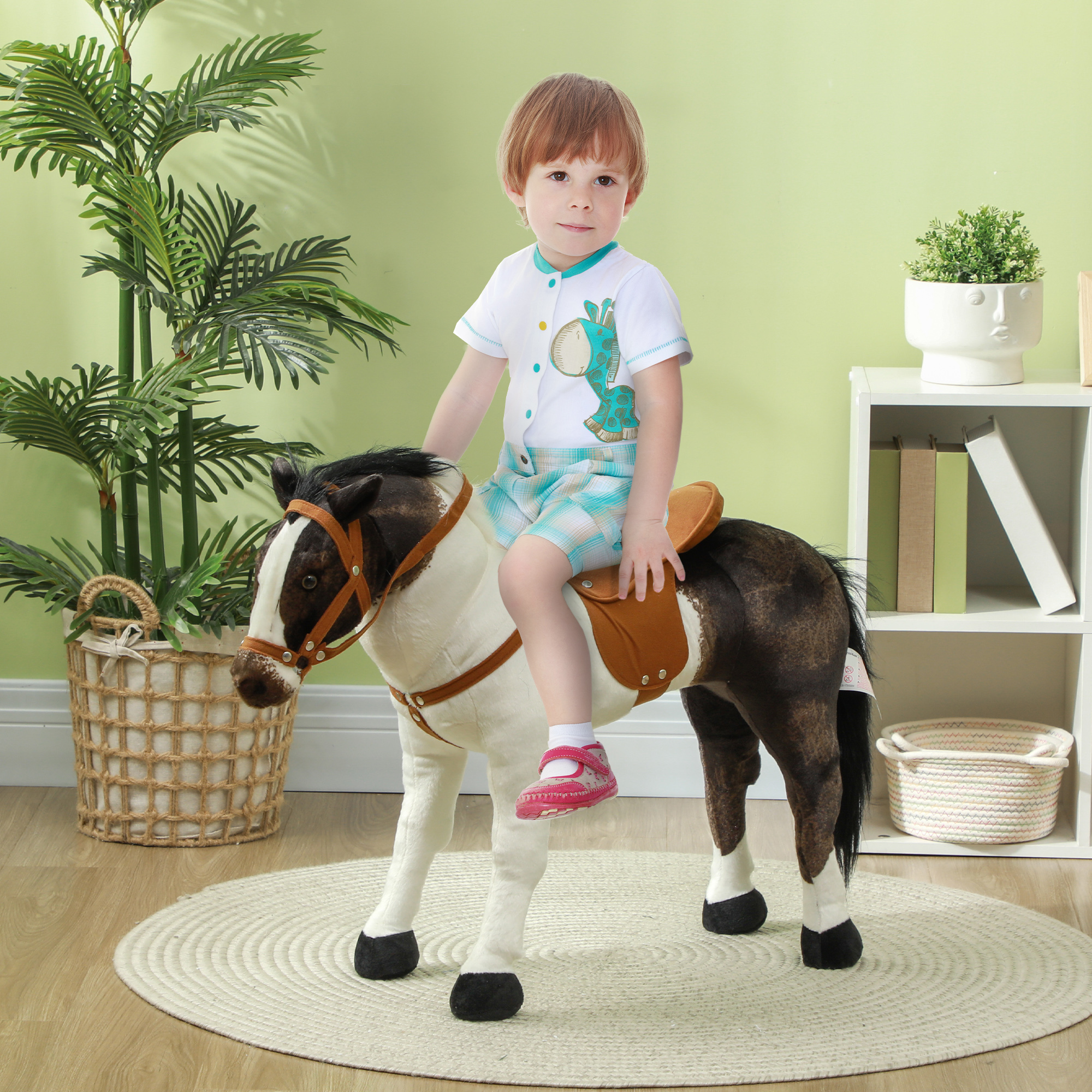AIYAPLAY Schommelpaard met Geluidseffecten, Zacht Vacht, Voor 3-8 Jaar, 85 x 28 x 60 cm, Bruin/Cremewit