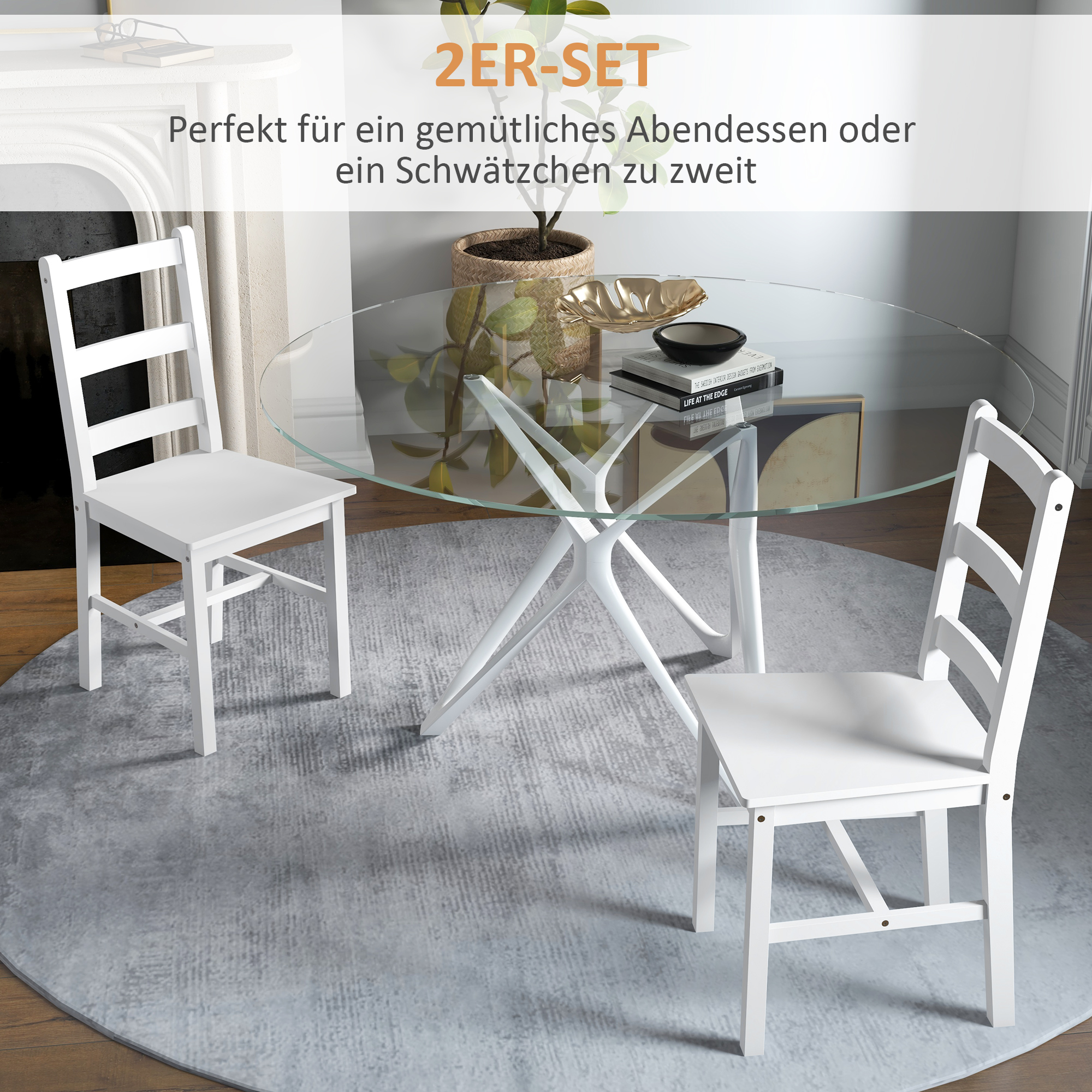 HOMCOM Eetkamerstoelen 2-delige set, Houten keukenstoel met lattenrugleuning, Antislip 41,5 x 46 x 90 cm Wit