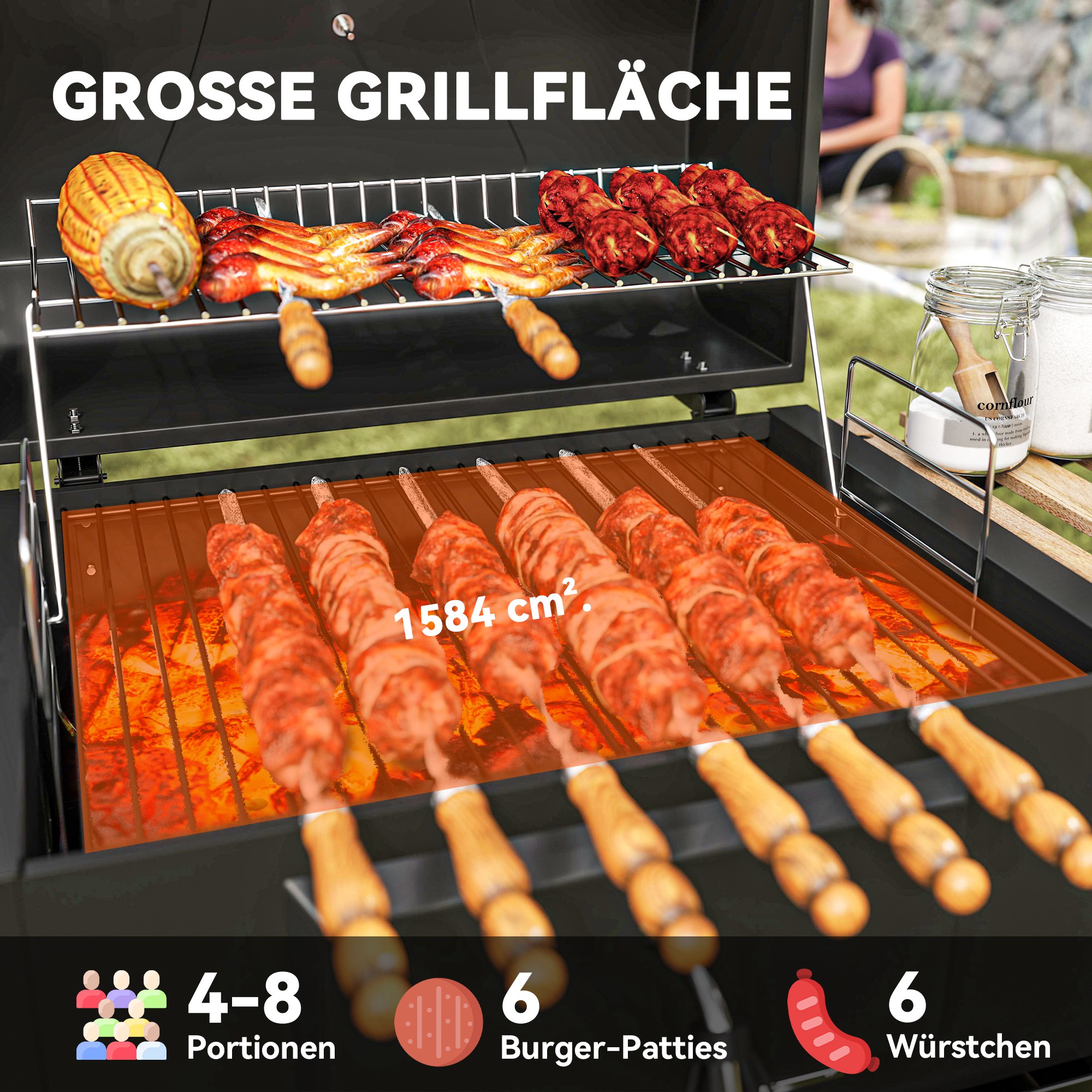 Outsunny Houtskoolgrill met verstelbare kolenbak, grillwagen, planken, thermometer, flesopener, staal, hout, zwart