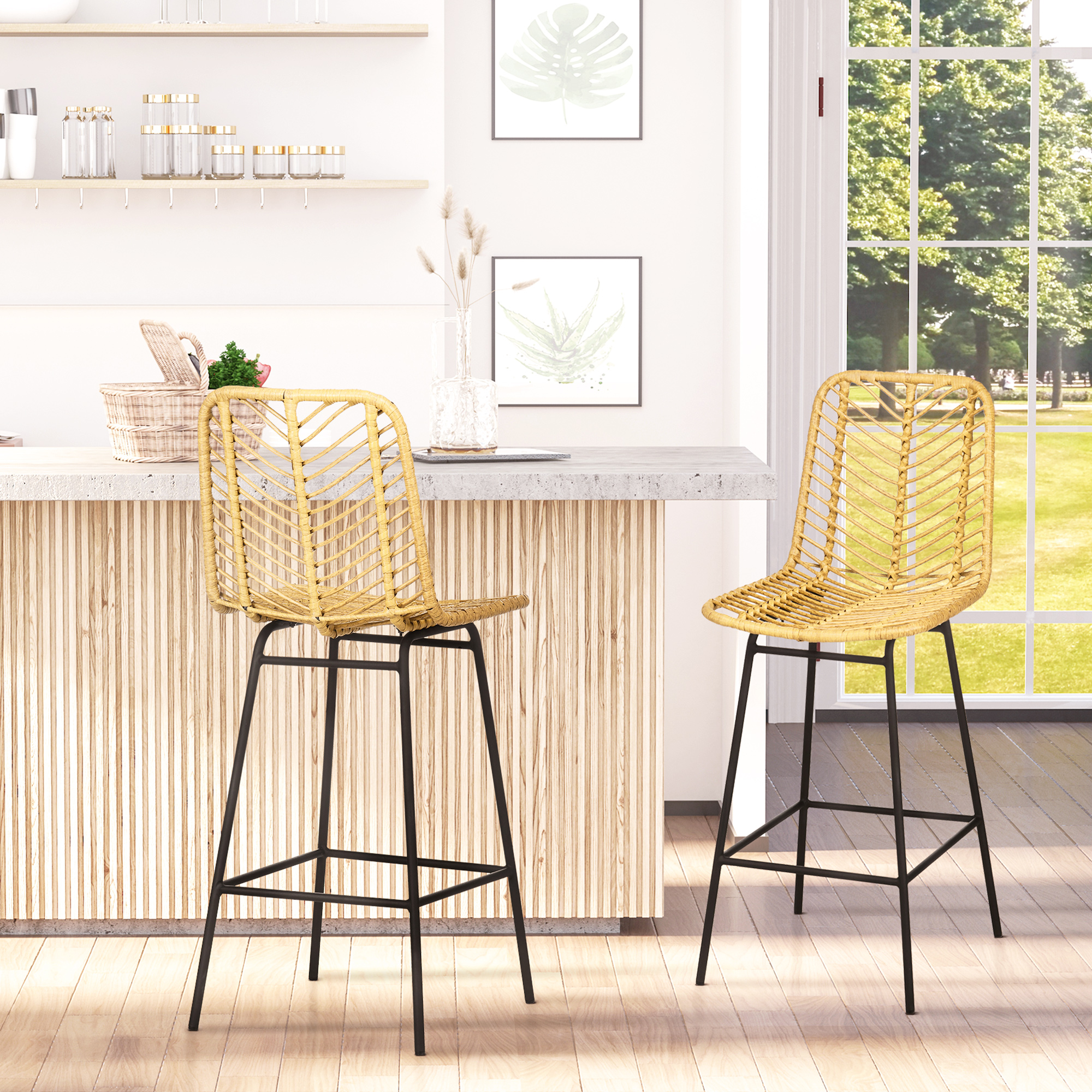 HOMCOM Set van 2 barkrukken in boho-design, PE-rotan, inclusief voetsteun, 42,5 cm x 52 cm x 102 cm, geel+zwart