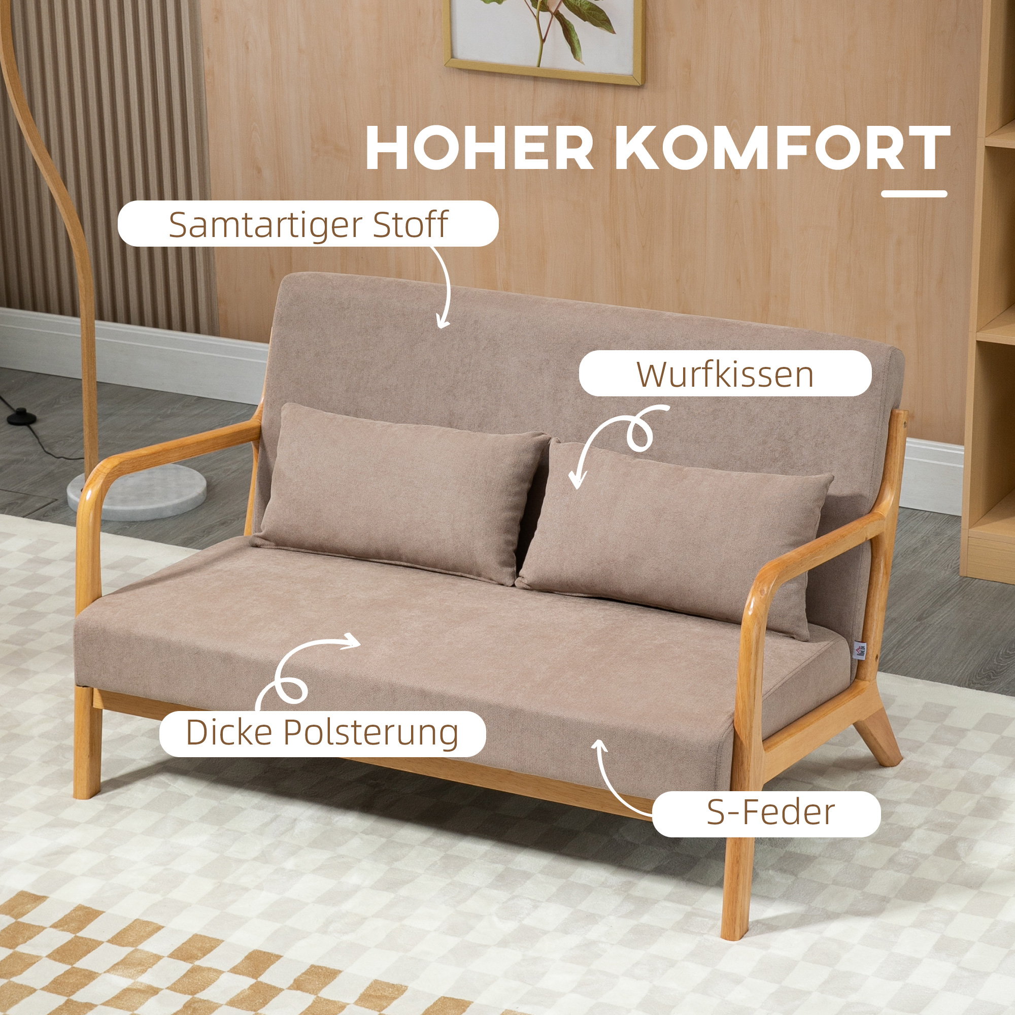 HOMCOM 2-zitsbank, kleine bank, retro-design, 2 kussens, rubberhout, bruin + naturel