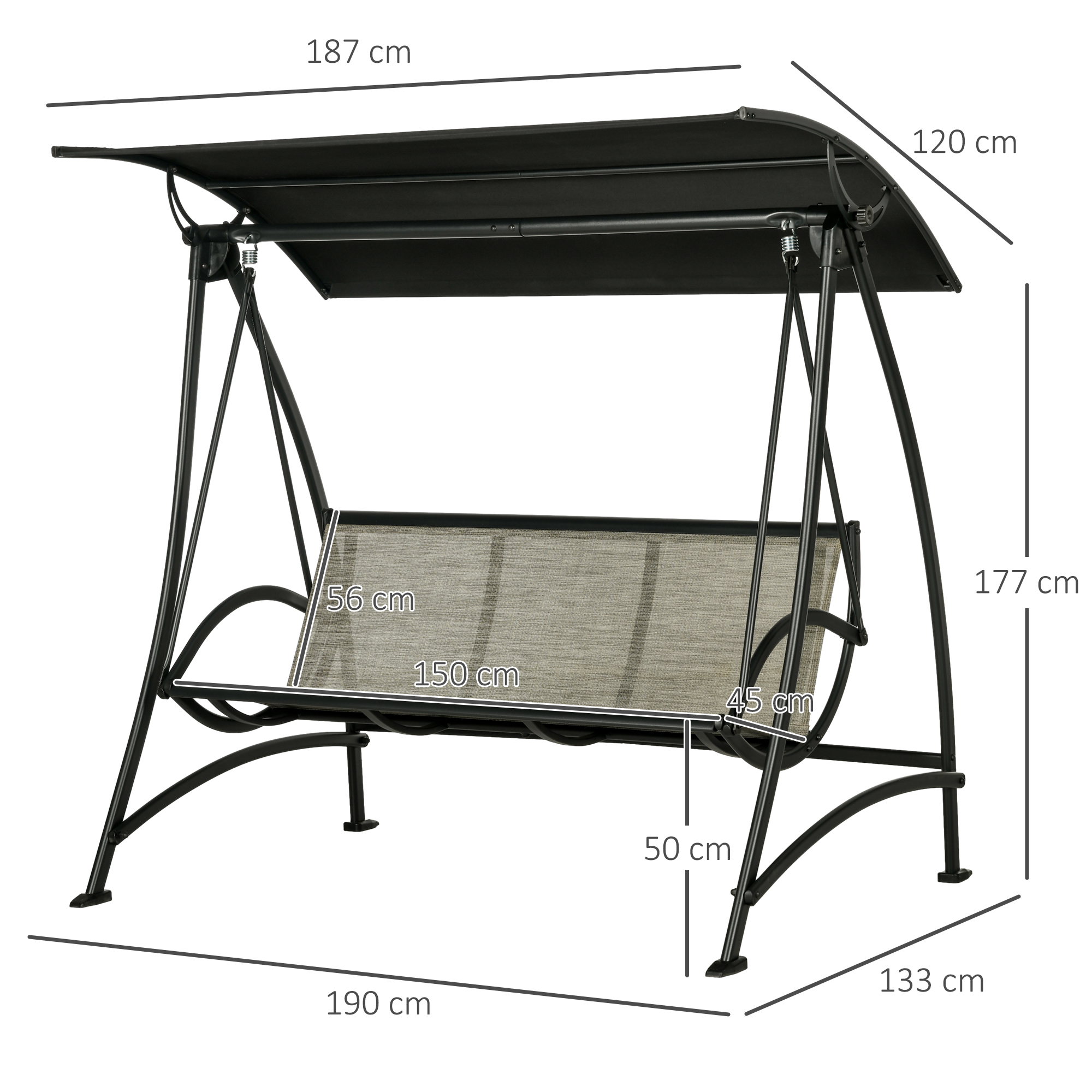 Outsunny Schommelbank voor 3 personen, verstelbaar dak, weerbestendig, stalen frame, zwart/bruin